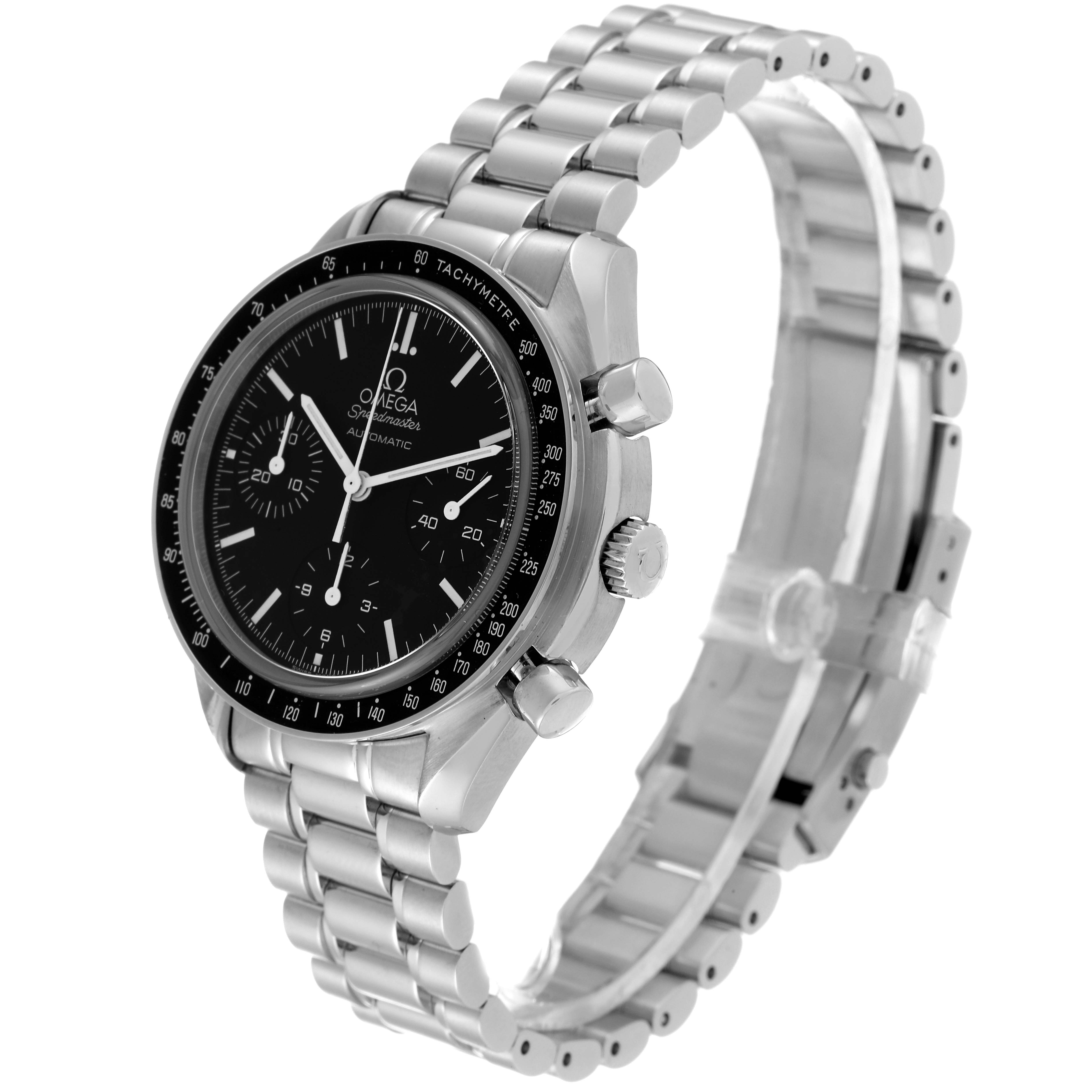 The image shows an Omega Speedmaster 3539.50.00 Men's Stainless Steel Black Dial 3539.50.00 Men's Stainless Steel Black Dial watch from a three-quarter angle, displaying the face, case, and metal bracelet.