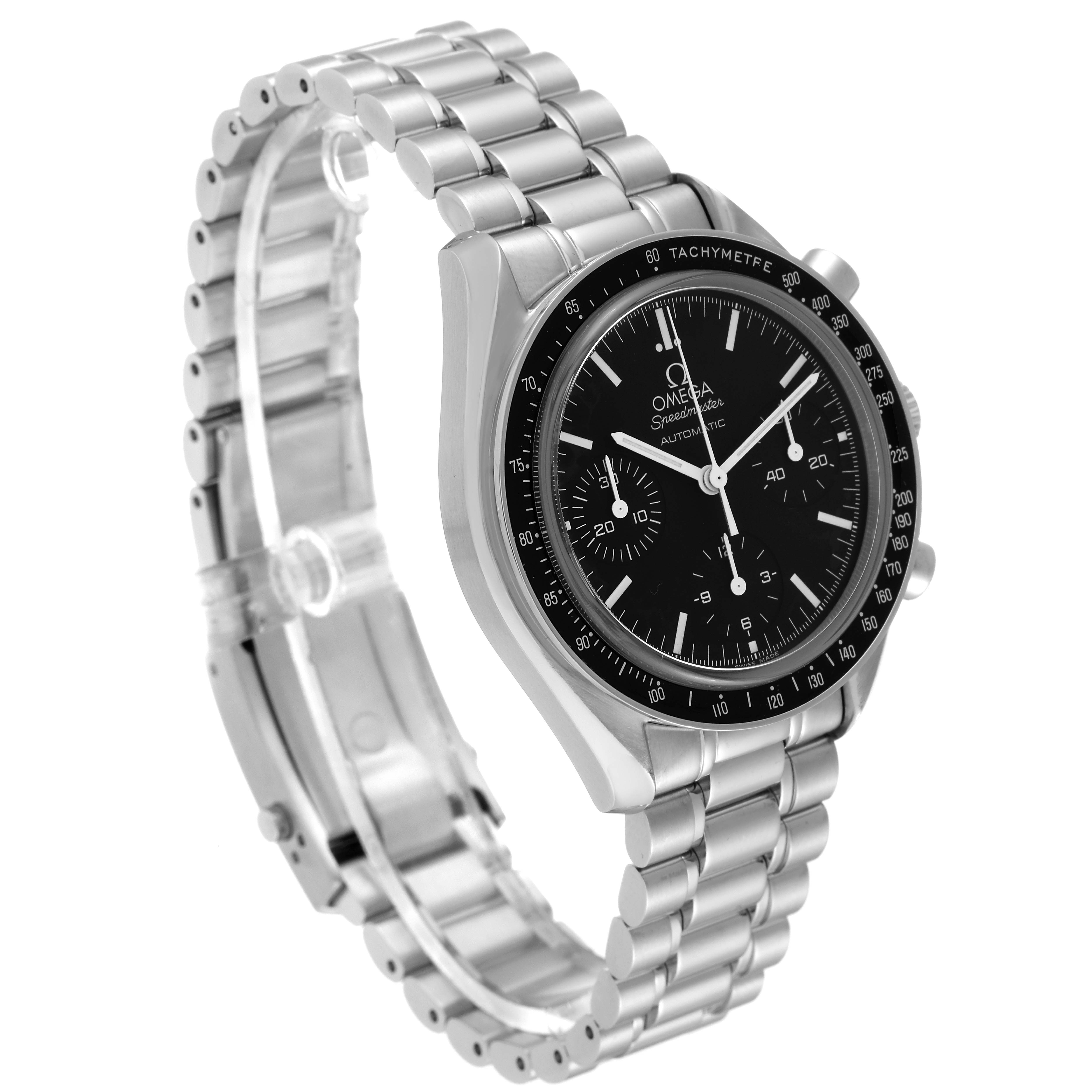 The image shows an Omega Speedmaster 3539.50.00 Men's Stainless Steel Black Dial 3539.50.00 Men's Stainless Steel Black Dial watch from a 3/4 angle, highlighting its face and metal bracelet.