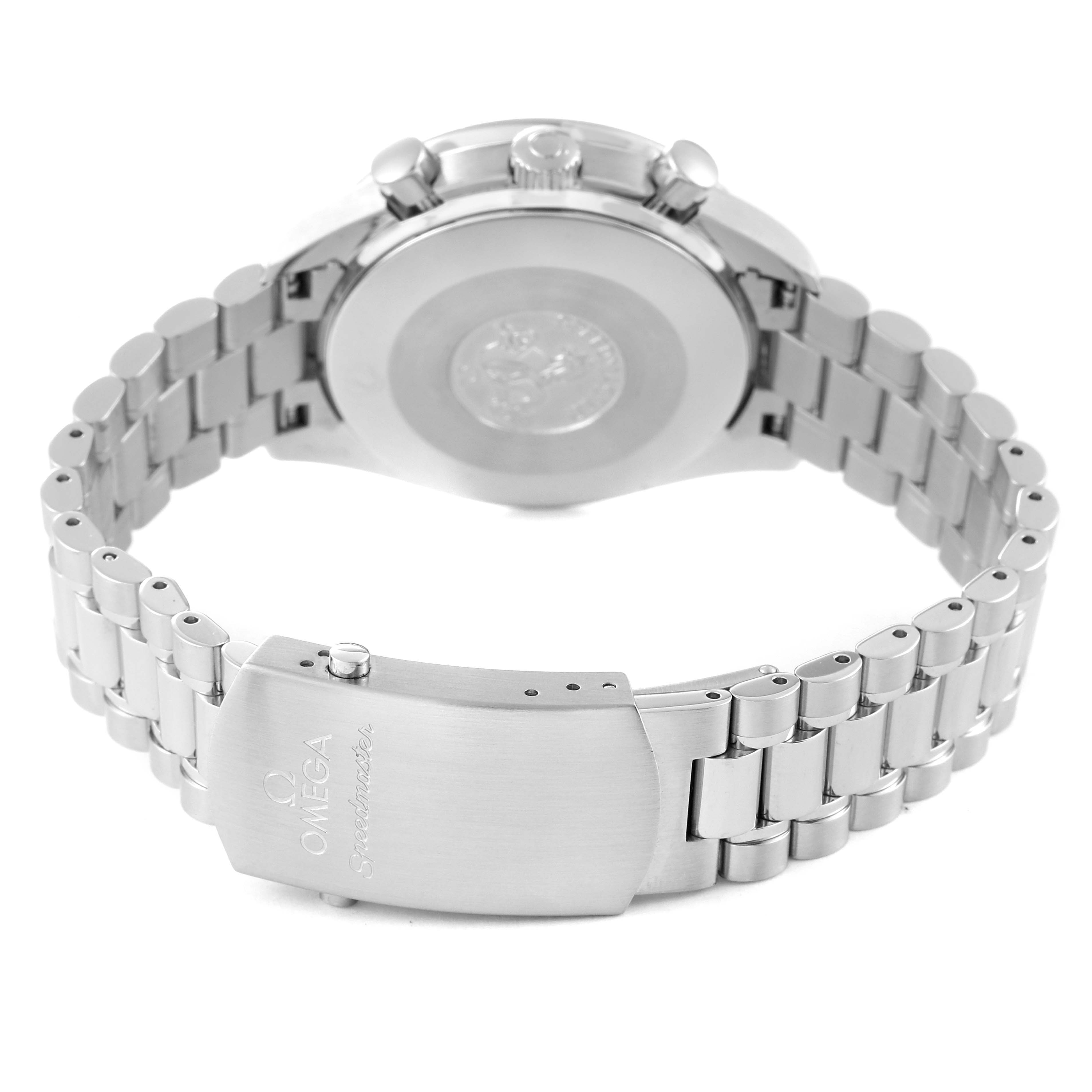 The image shows the back view of an Omega Speedmaster 3539.50.00 Men's Stainless Steel Black Dial 3539.50.00 Men's Stainless Steel Black Dial watch, highlighting its stainless steel bracelet and clasp.