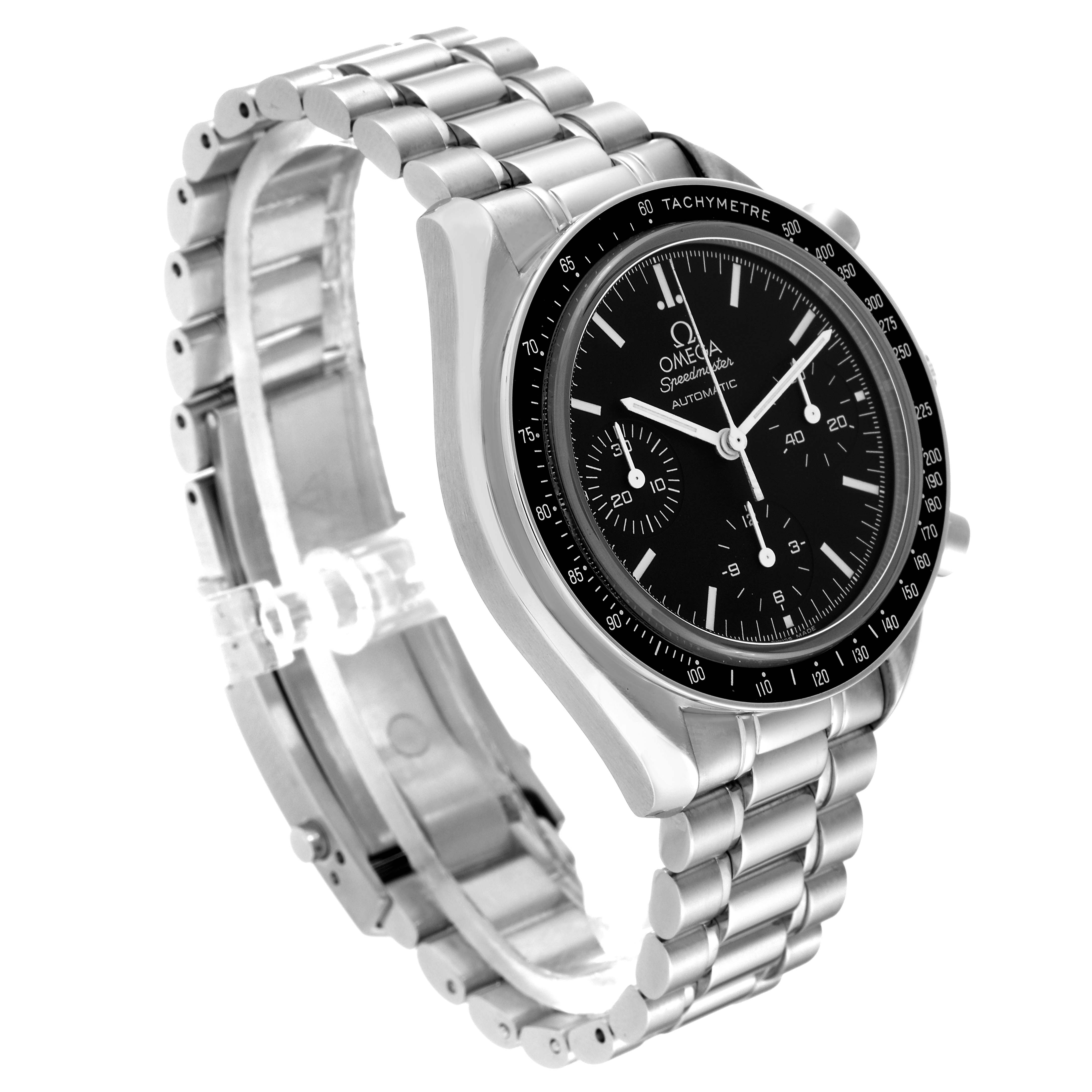 The image shows a side-view angle of the Omega Speedmaster 3539.50.00 Men
s Stainless Steel Black Dial 3539.50.00 Men
s Stainless Steel Black Dial watch, highlighting its bezel, dial, and metal bracelet.