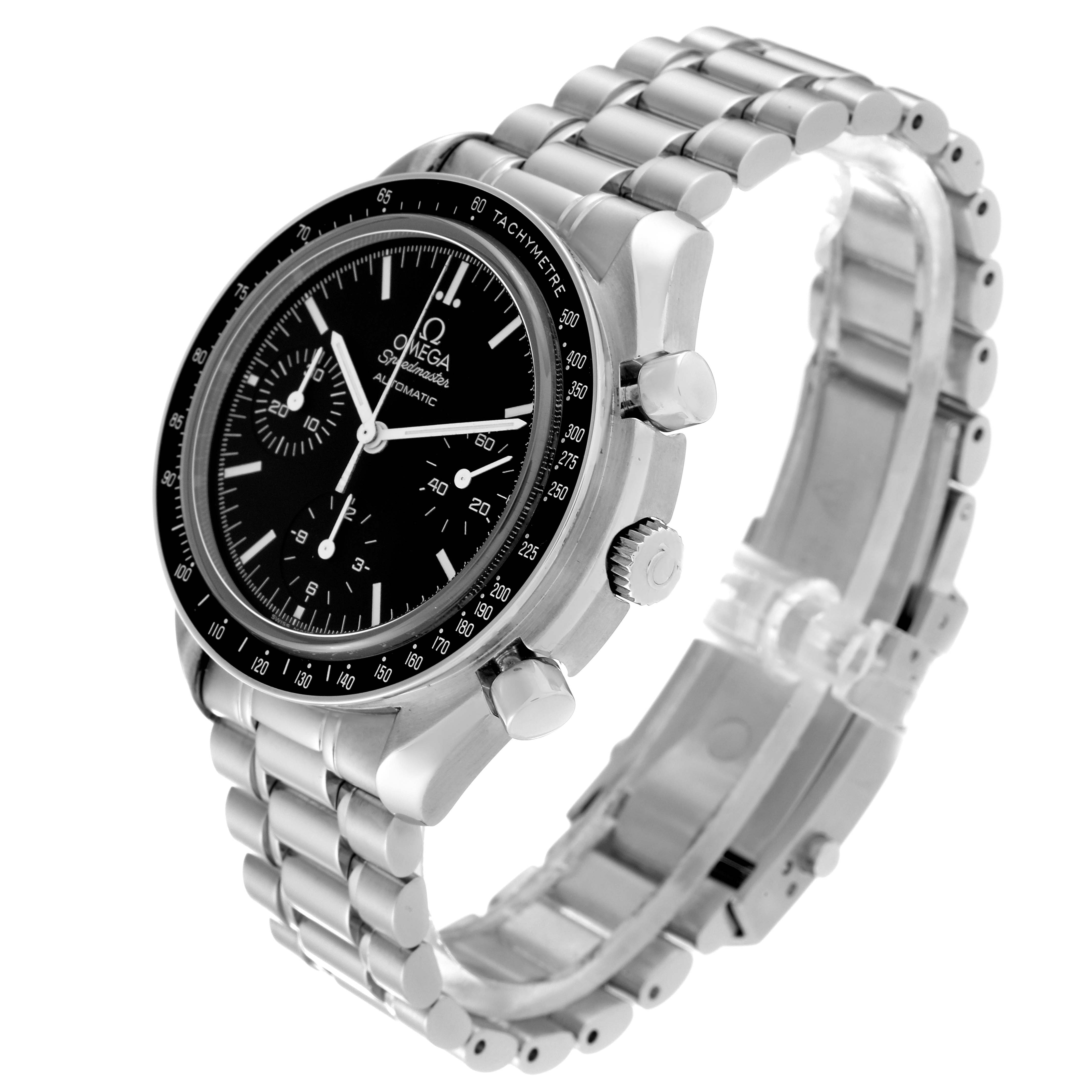 The Omega Speedmaster 3539.50.00 Men
s Stainless Steel Black Dial 3539.50.00 Men
s Stainless Steel Black Dial watch is shown at an angled side view, highlighting the dial, bezel, crown, pushers, and bracelet.