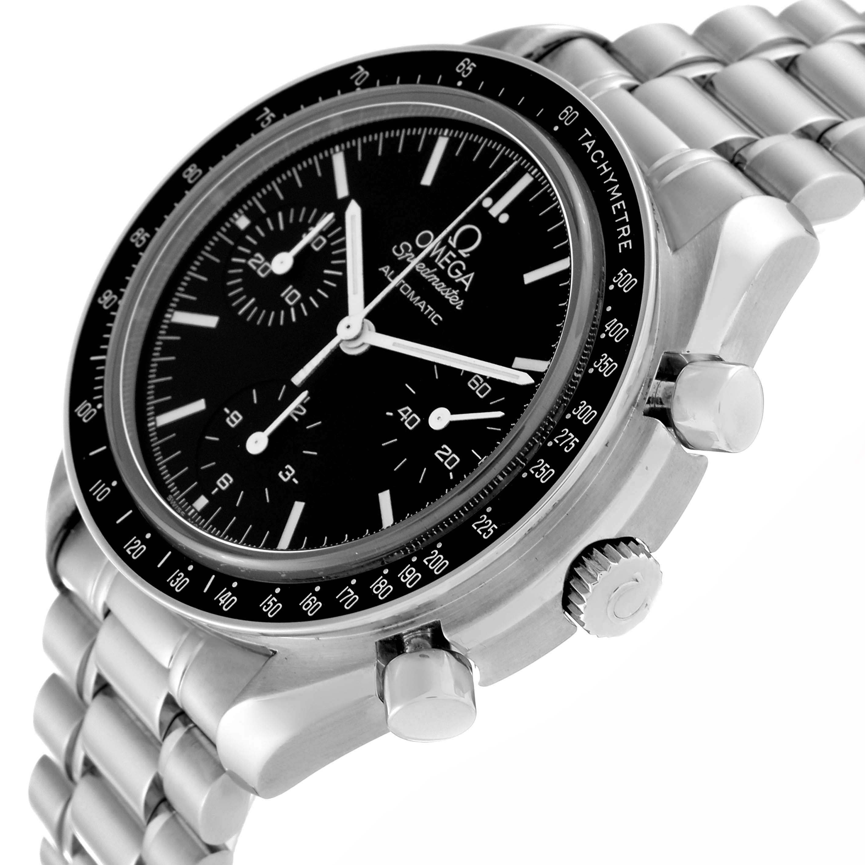 The image shows an angled close-up of the Omega Speedmaster 3539.50.00 Men
s Stainless Steel Black Dial 3539.50.00 Men
s Stainless Steel Black Dial, highlighting its black dial, chronograph sub-dials, tachymeter bezel, and stainless steel bracelet.