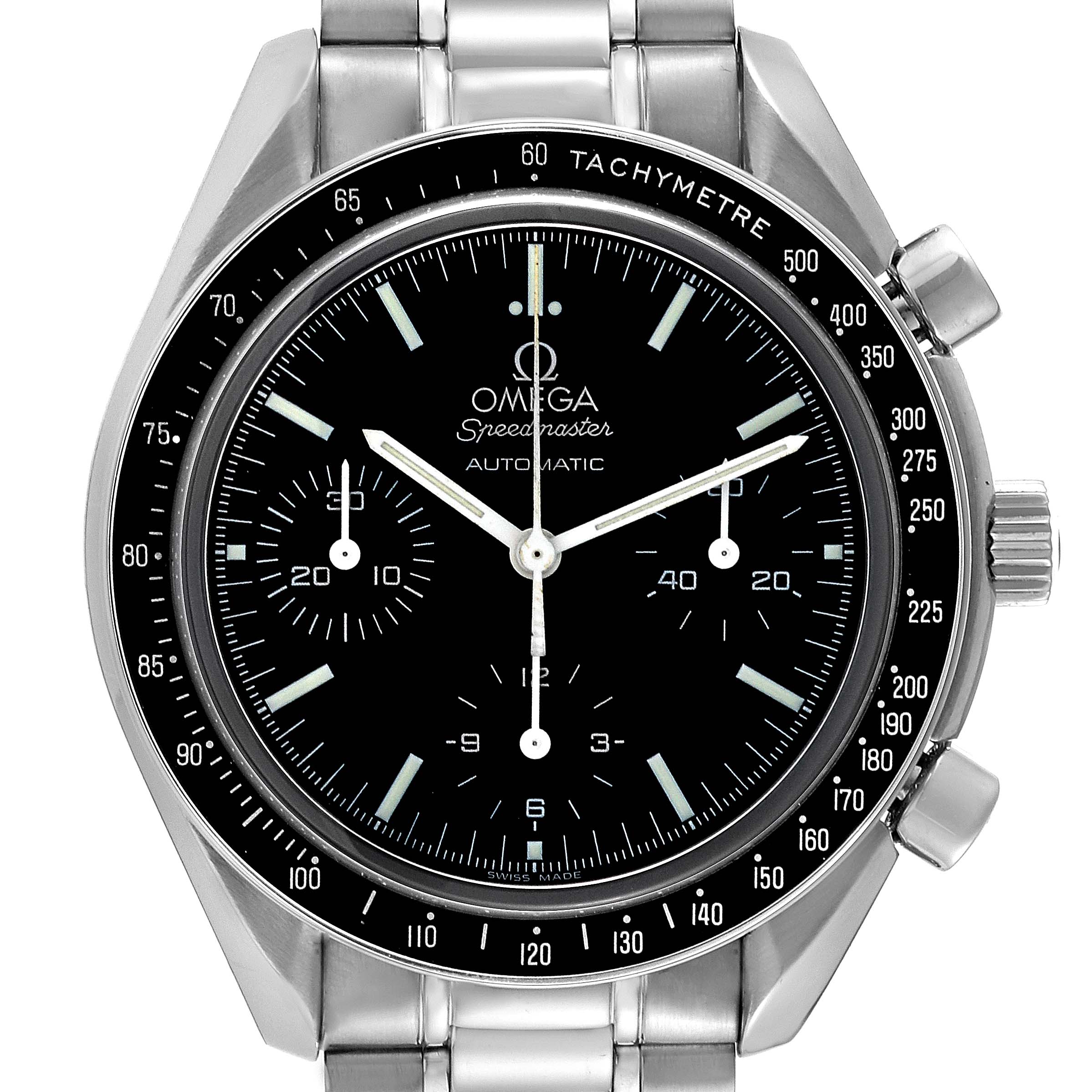 This is a front-facing view of an Omega Speedmaster 3539.50.00 Men
s Stainless Steel Black Dial 3539.50.00 Men
s Stainless Steel Black Dial watch, showing the dial, bezel, and stainless steel bracelet.