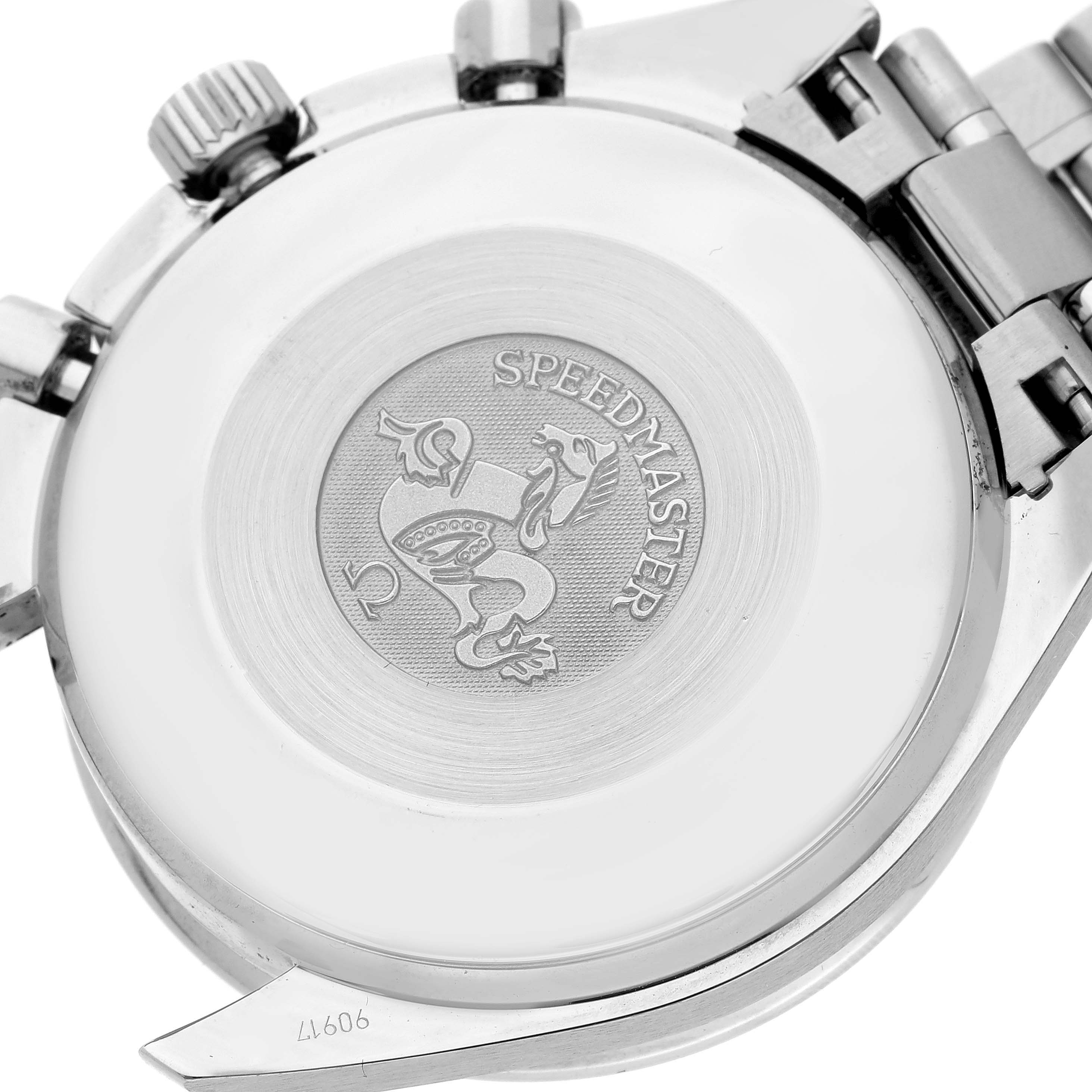 This image shows the engraved case back and part of the bracelet of an Omega Speedmaster 3539.50.00 Men
s Stainless Steel Black Dial 3539.50.00 Men
s Stainless Steel Black Dial watch from a rear angle.