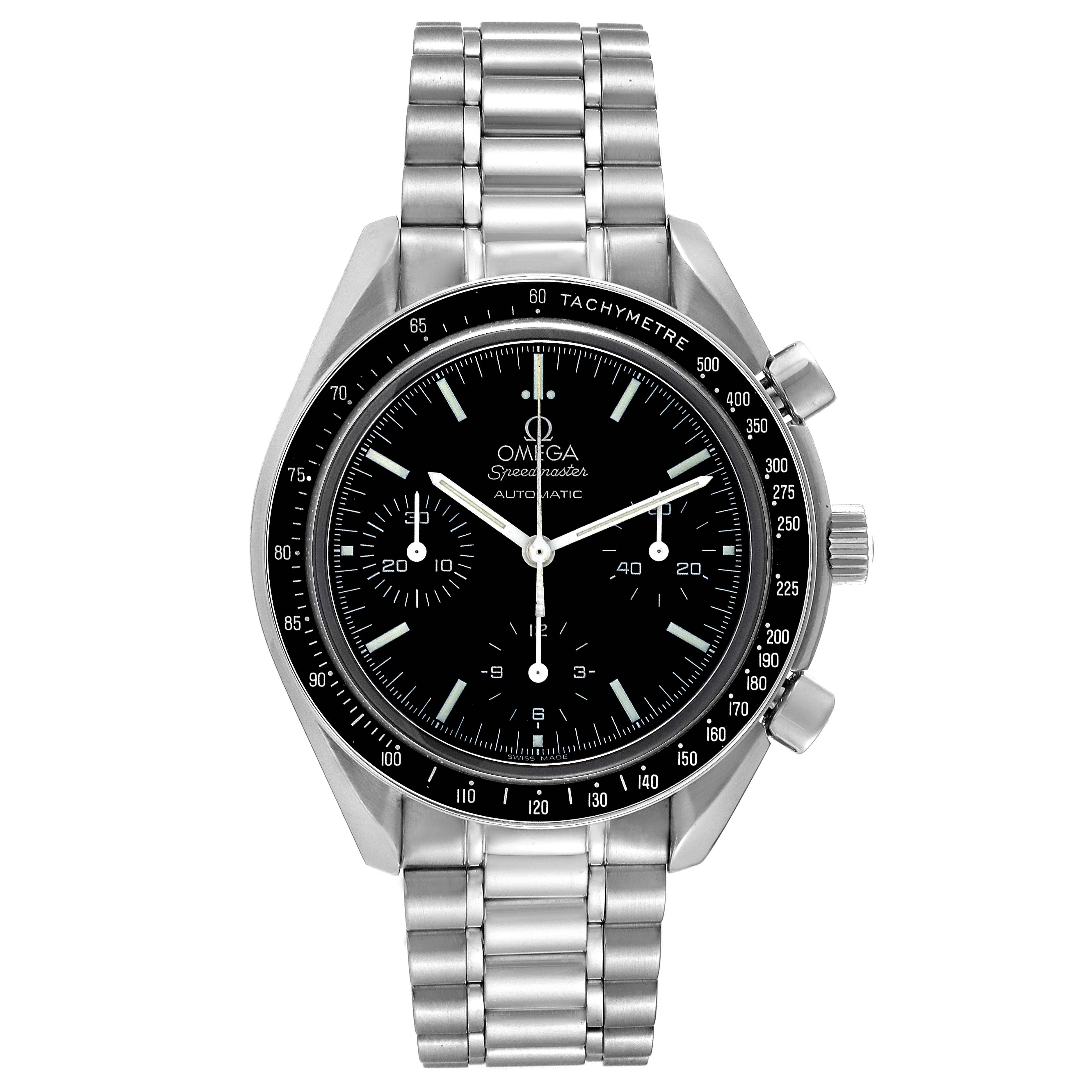 The image shows a front view of an Omega Speedmaster 3539.50.00 Men
s Stainless Steel Black Dial 3539.50.00 Men
s Stainless Steel Black Dial watch, displaying its dial, tachymeter bezel, and stainless steel bracelet.