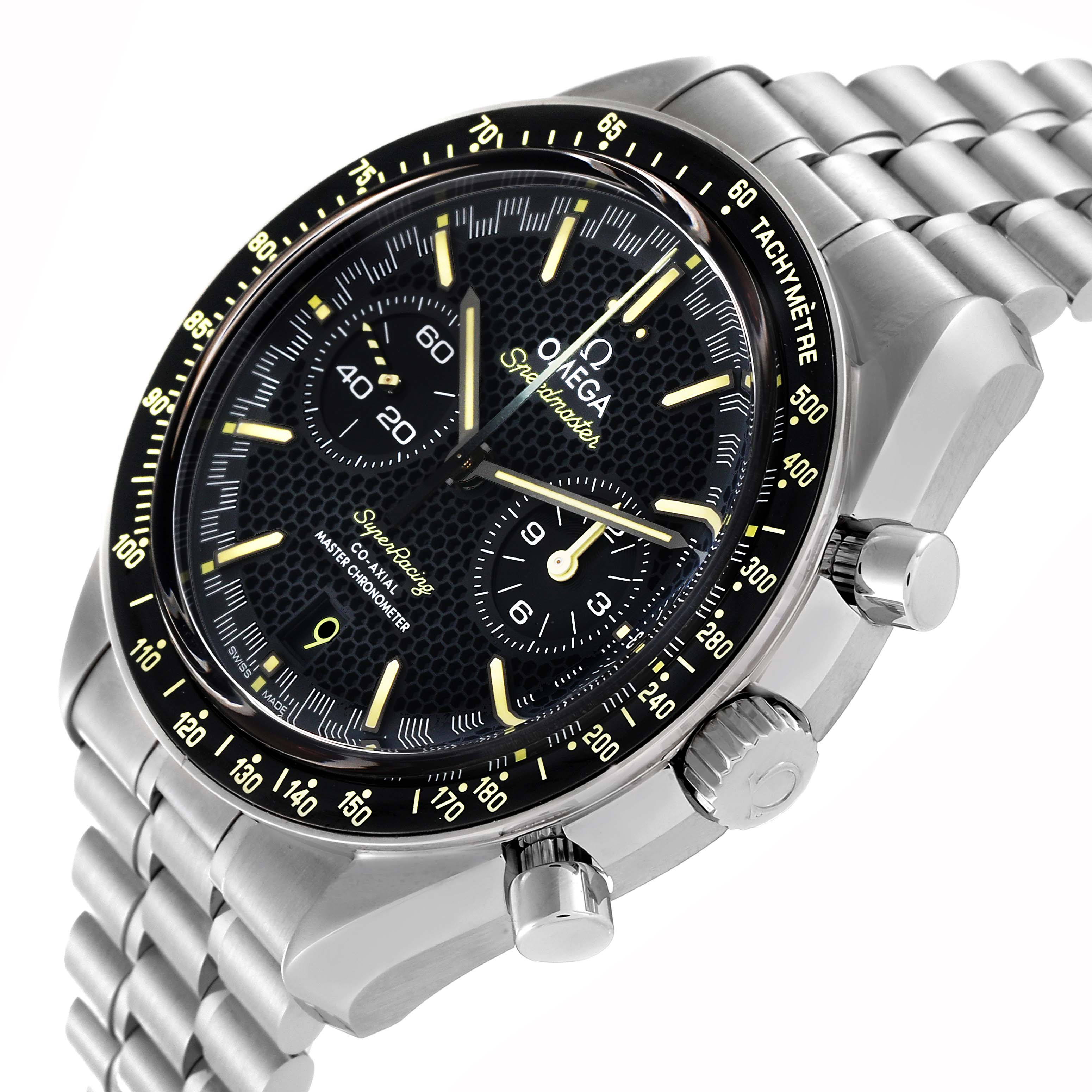 The image shows an angled view of the Omega Speedmaster 329.30.44.51.01.003 Men's Stainless Steel Black Dial 329.30.44.51.01.003 Men's Stainless Steel Black Dial watch, highlighting the face, bezel, crown, pushers, and stainless steel bracelet.
