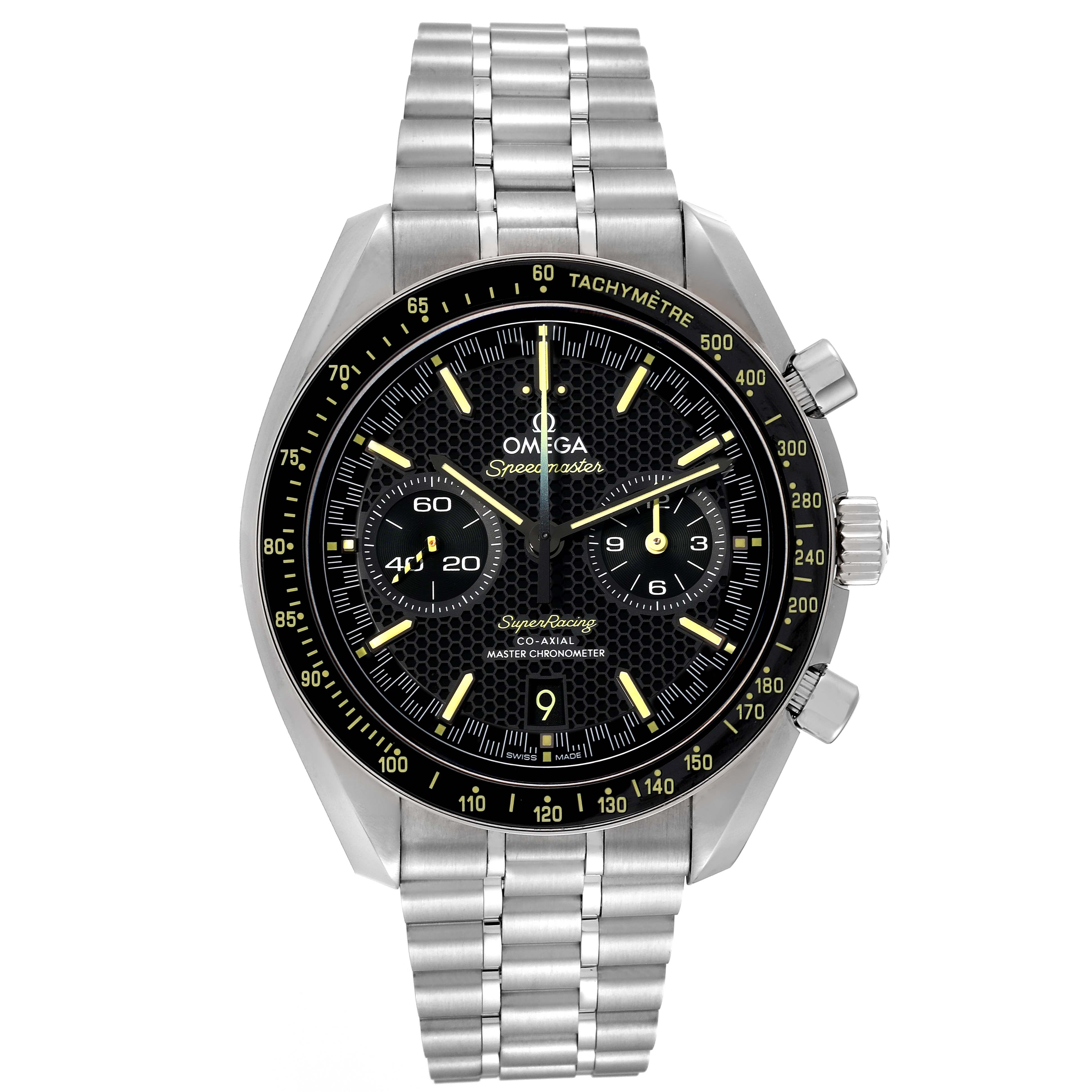 The image shows a frontal view of an Omega Speedmaster 329.30.44.51.01.003 Men's Stainless Steel Black Dial 329.30.44.51.01.003 Men's Stainless Steel Black Dial watch, highlighting its face, bezel, crown, and metal bracelet.