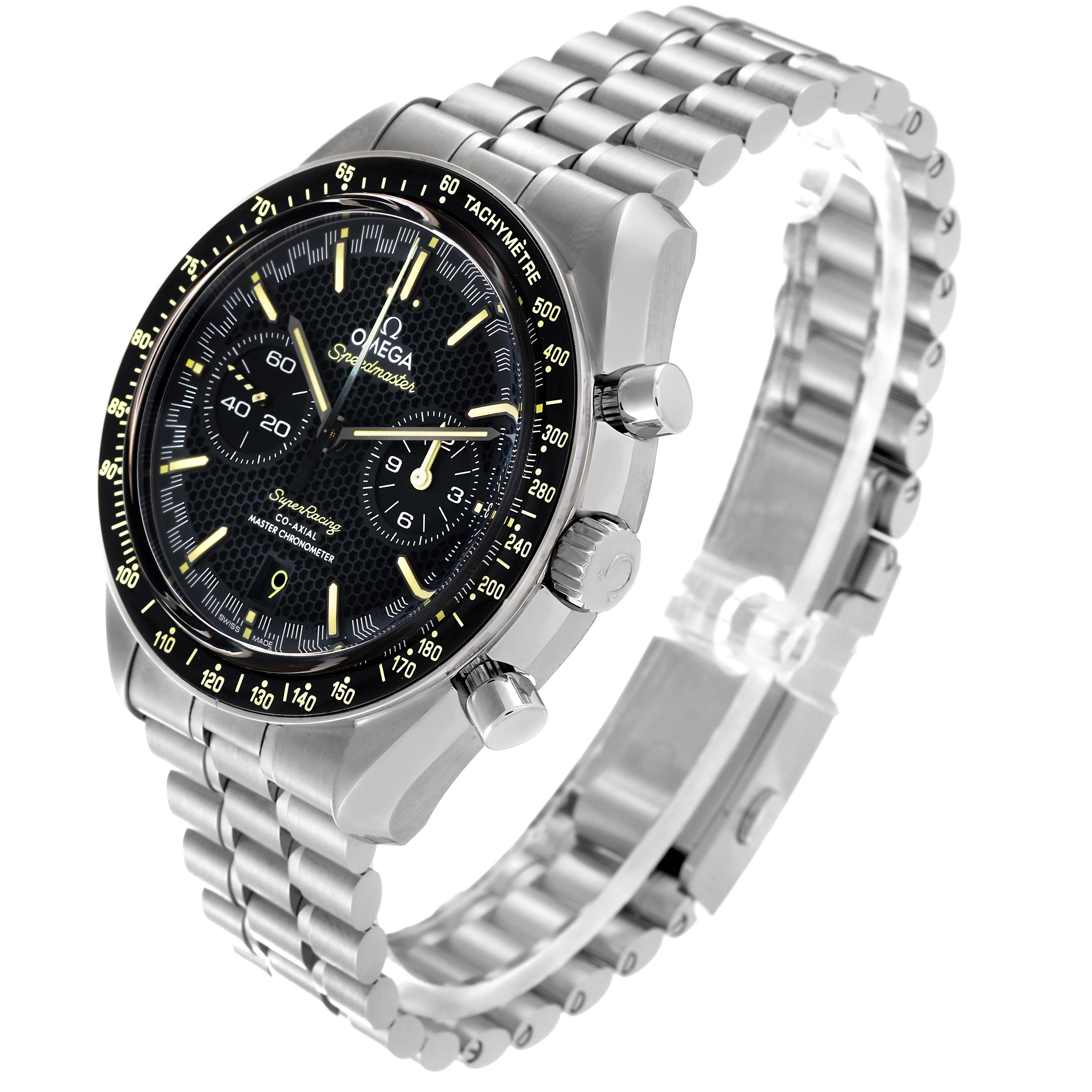 The image shows an angled view of the Omega Speedmaster 329.30.44.51.01.003 Men's Stainless Steel Black Dial 329.30.44.51.01.003 Men's Stainless Steel Black Dial watch, highlighting the dial, bezel, crown, pushers, and metal bracelet.