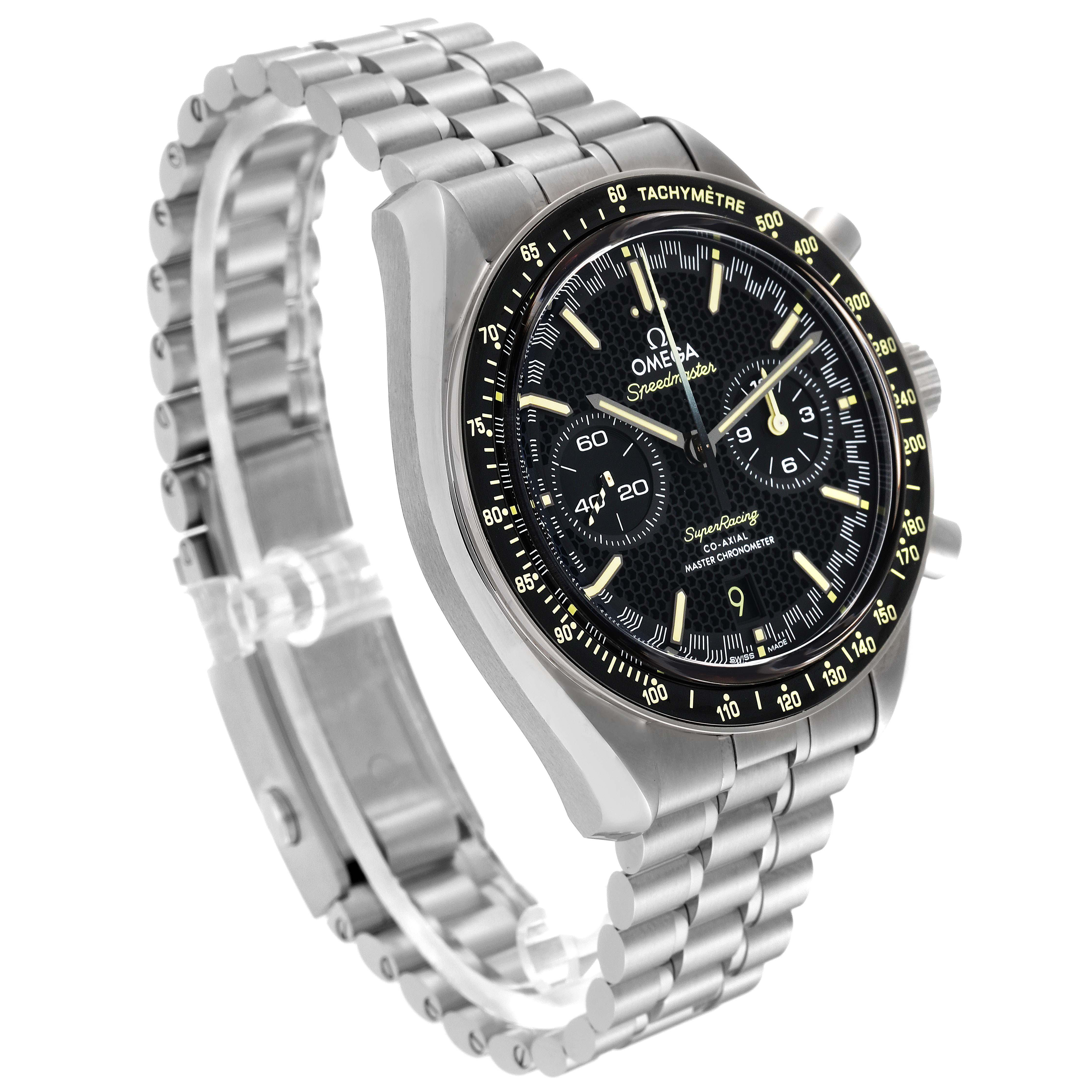 The image shows a side angle of an Omega Speedmaster 329.30.44.51.01.003 Men's Stainless Steel Black Dial 329.30.44.51.01.003 Men's Stainless Steel Black Dial watch, emphasizing its bezel, dial, and metal bracelet.