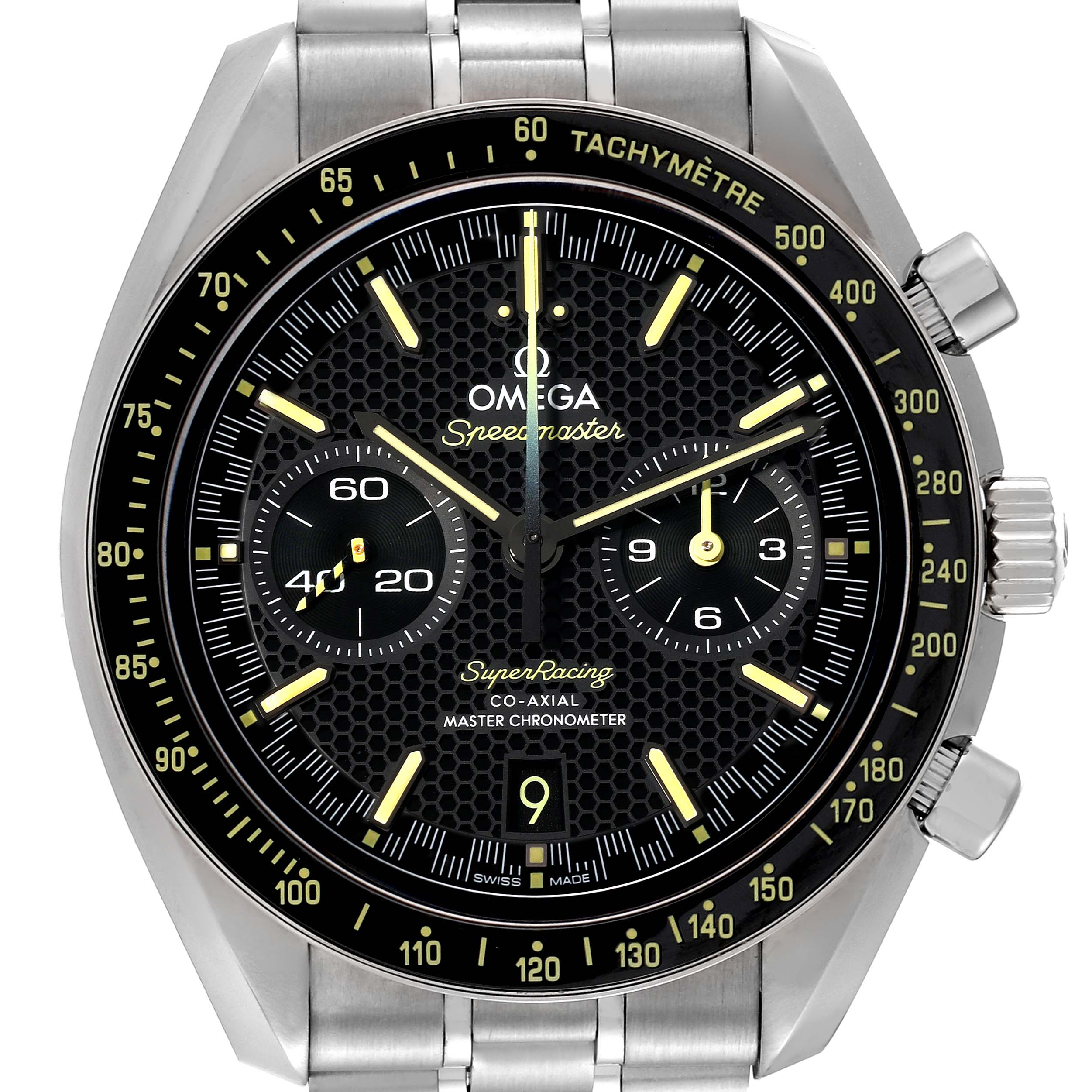 This image shows a front-facing view of an Omega Speedmaster 329.30.44.51.01.003 Men's Stainless Steel Black Dial 329.30.44.51.01.003 Men's Stainless Steel Black Dial watch, highlighting its dial and tachymeter bezel.