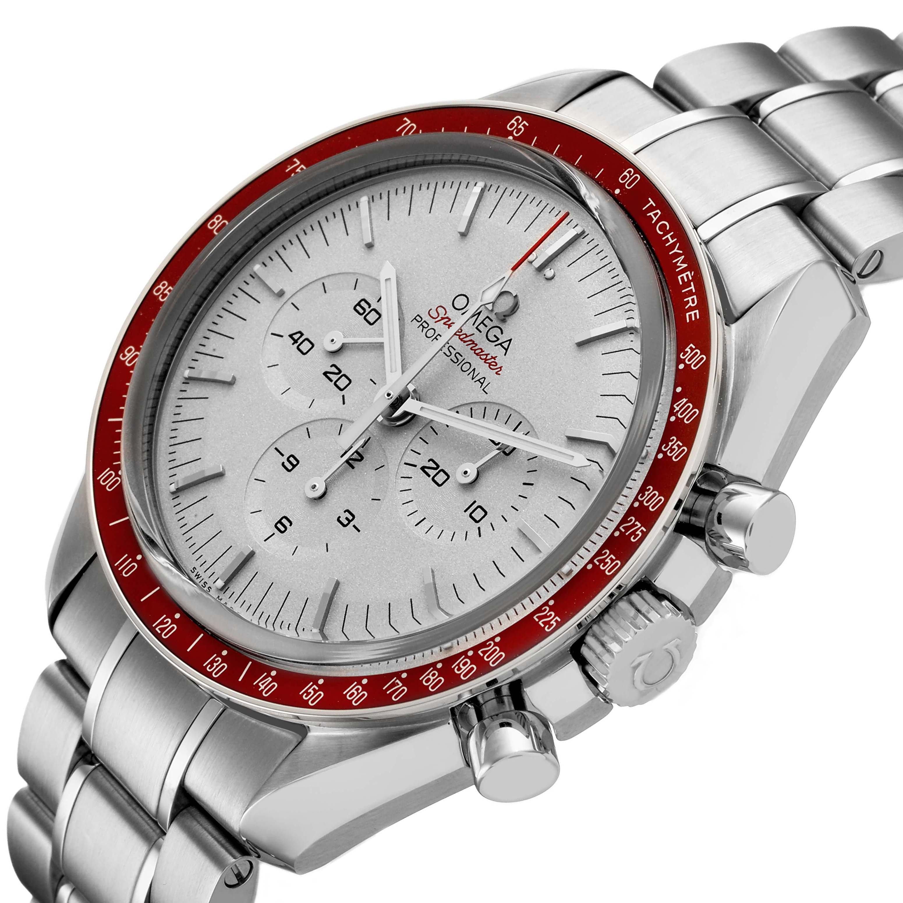 The Omega Speedmaster 522.30.42.30.06.002 Men's Stainless Steel Silver Dial is shown at an angled close-up, highlighting the dial, bezel, pushers, and part of the bracelet.