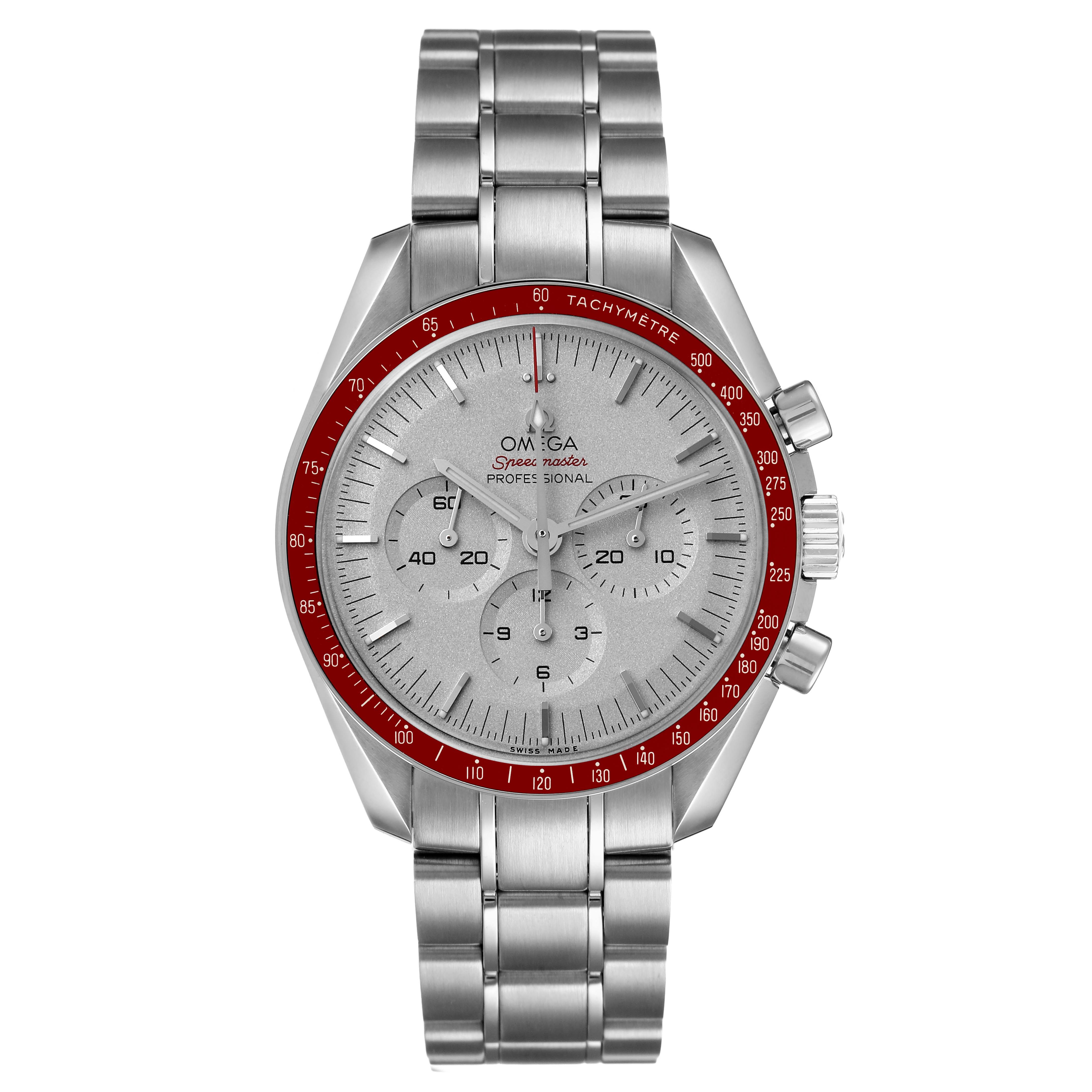 The Omega Speedmaster 522.30.42.30.06.002 Men's Stainless Steel Silver Dial watch is shown from the front, featuring its red tachymeter bezel and metal bracelet.