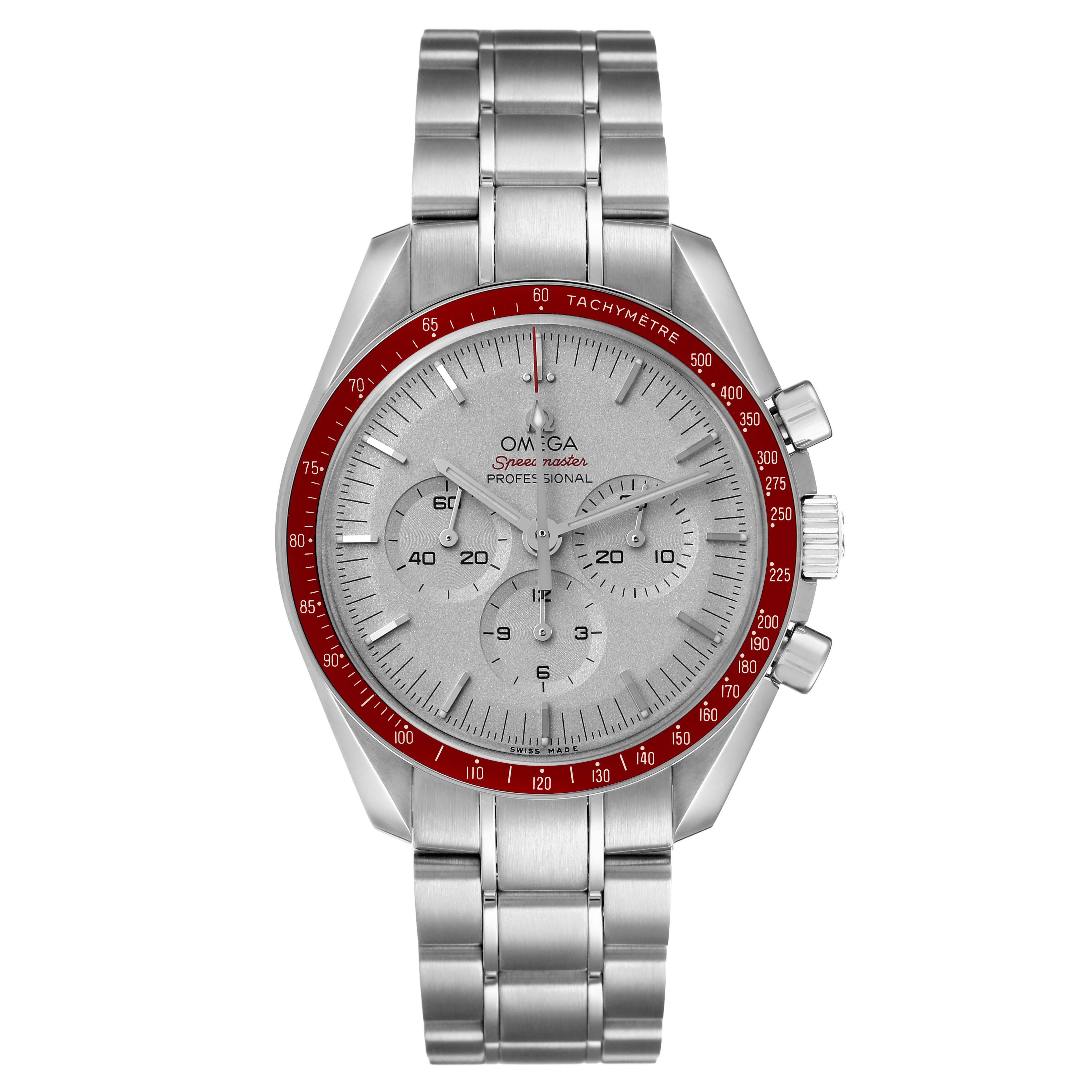 The Omega Speedmaster 522.30.42.30.06.002 Men's Stainless Steel Silver Dial watch is shown from a front angle, displaying its dial, bezel, and bracelet.