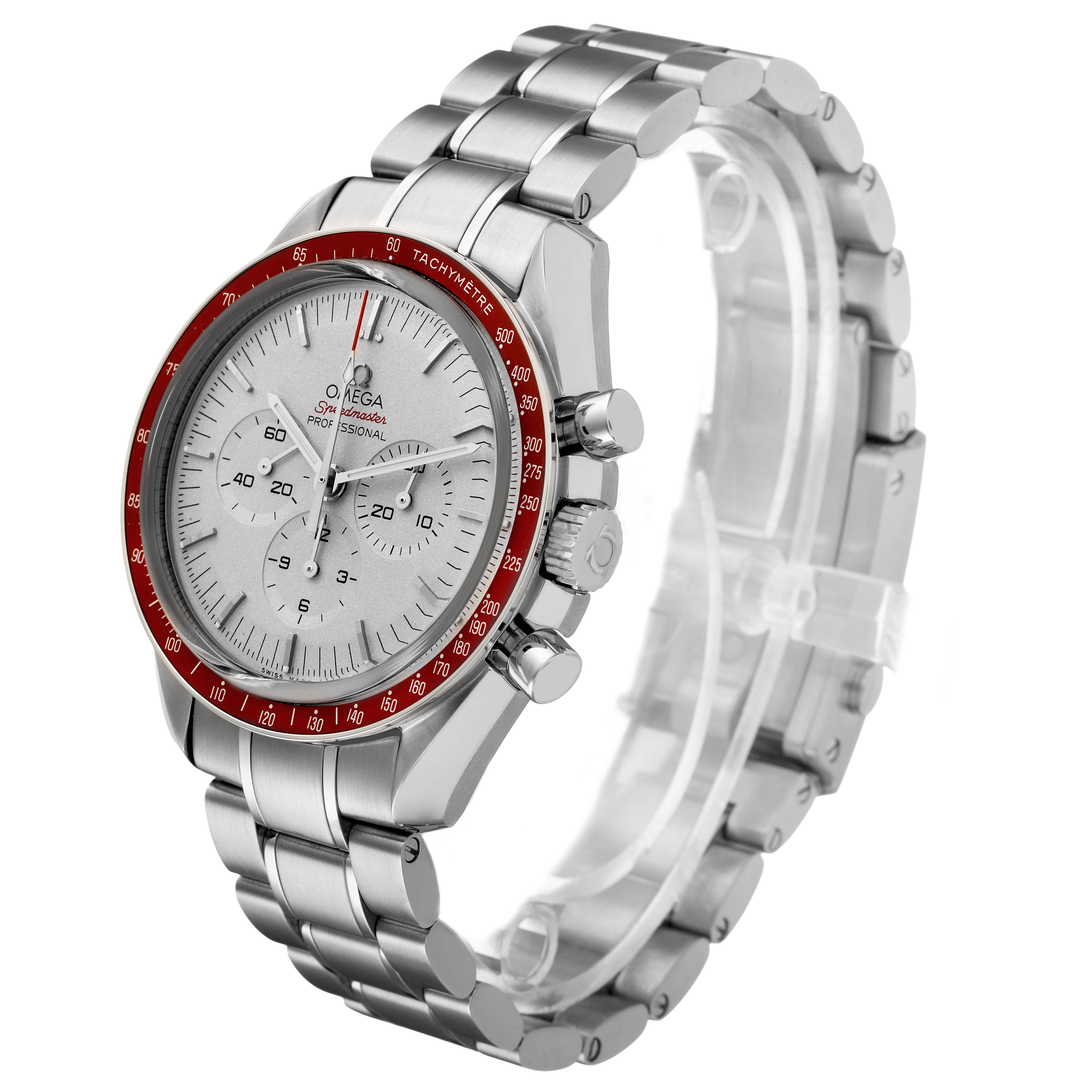 The Omega Speedmaster 522.30.42.30.06.002 Men's Stainless Steel Silver Dial watch is shown at a three-quarter angle, displaying the face, bezel, pushers, and metal bracelet.