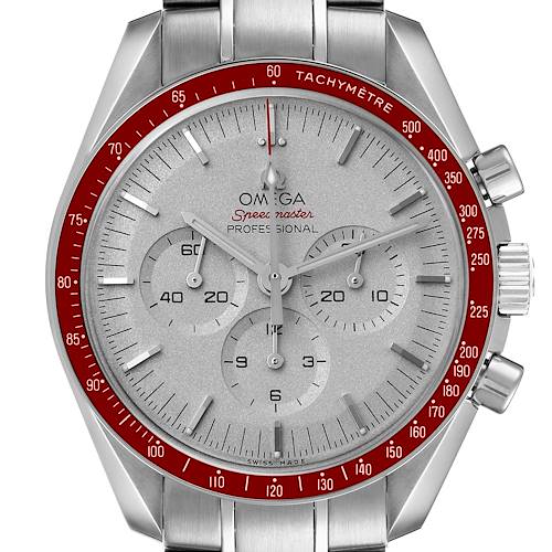The Omega Speedmaster 522.30.42.30.06.002 Men's Stainless Steel Silver Dial watch is shown from the front, highlighting the dial, tachymeter bezel, and chronograph sub-dials.