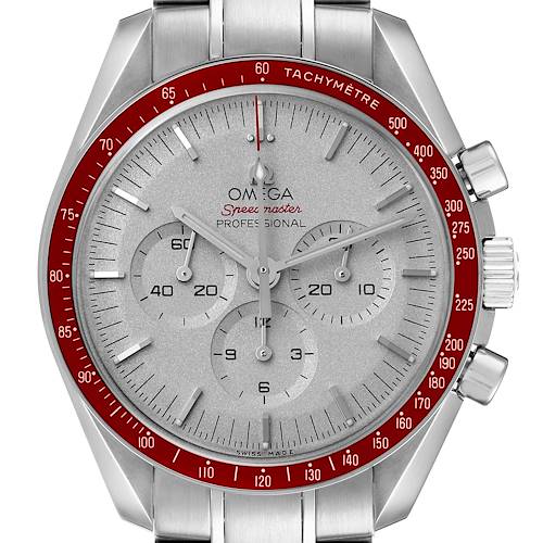 The Omega Speedmaster 522.30.42.30.06.002 Men's Stainless Steel Silver Dial watch is shown from the front, displaying its dial, red tachymetric bezel, and stainless steel bracelet.