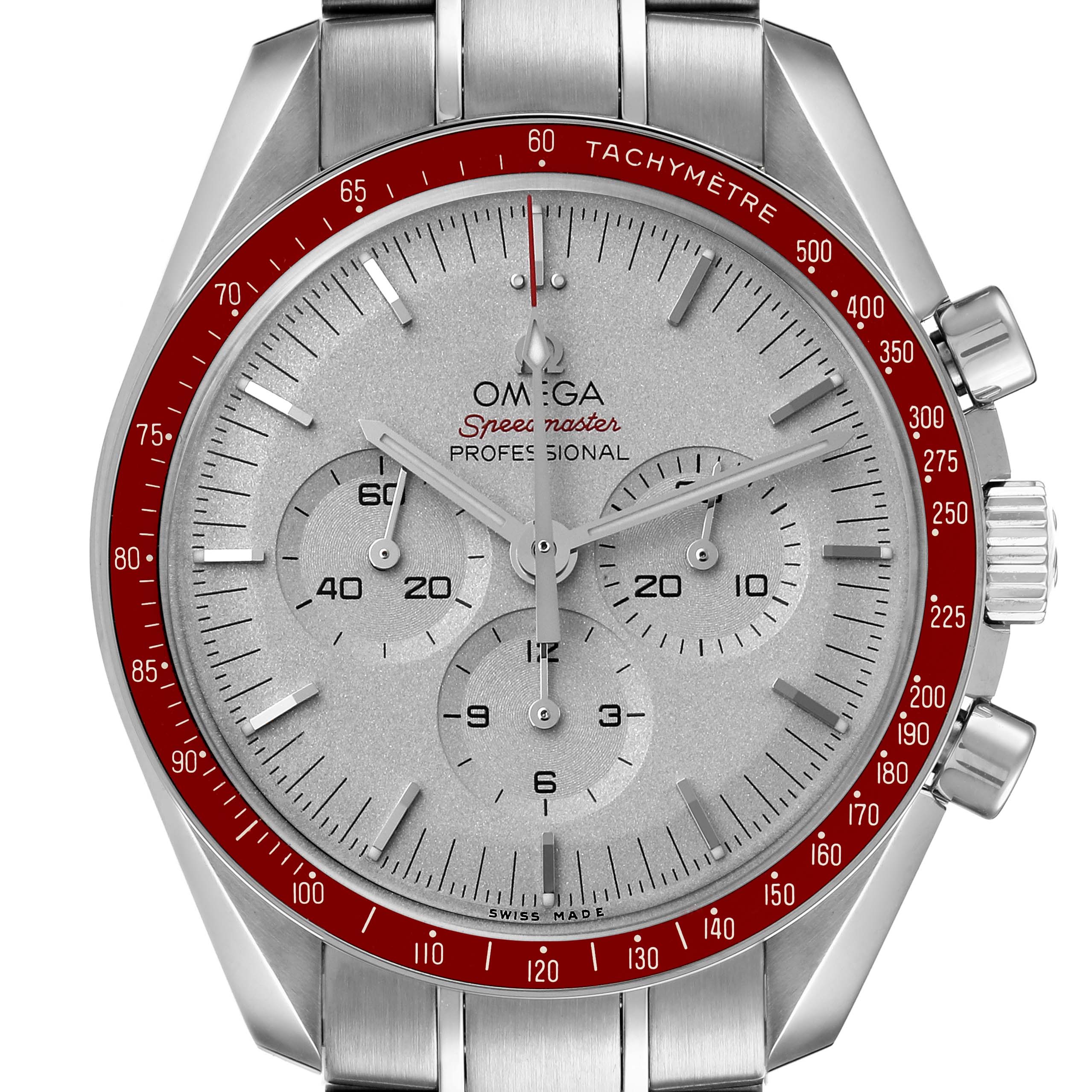 The image shows a front view of the Omega Speedmaster 522.30.42.30.06.002 Men's Stainless Steel Silver Dial watch highlighting its dial, subdials, and red tachymeter bezel.