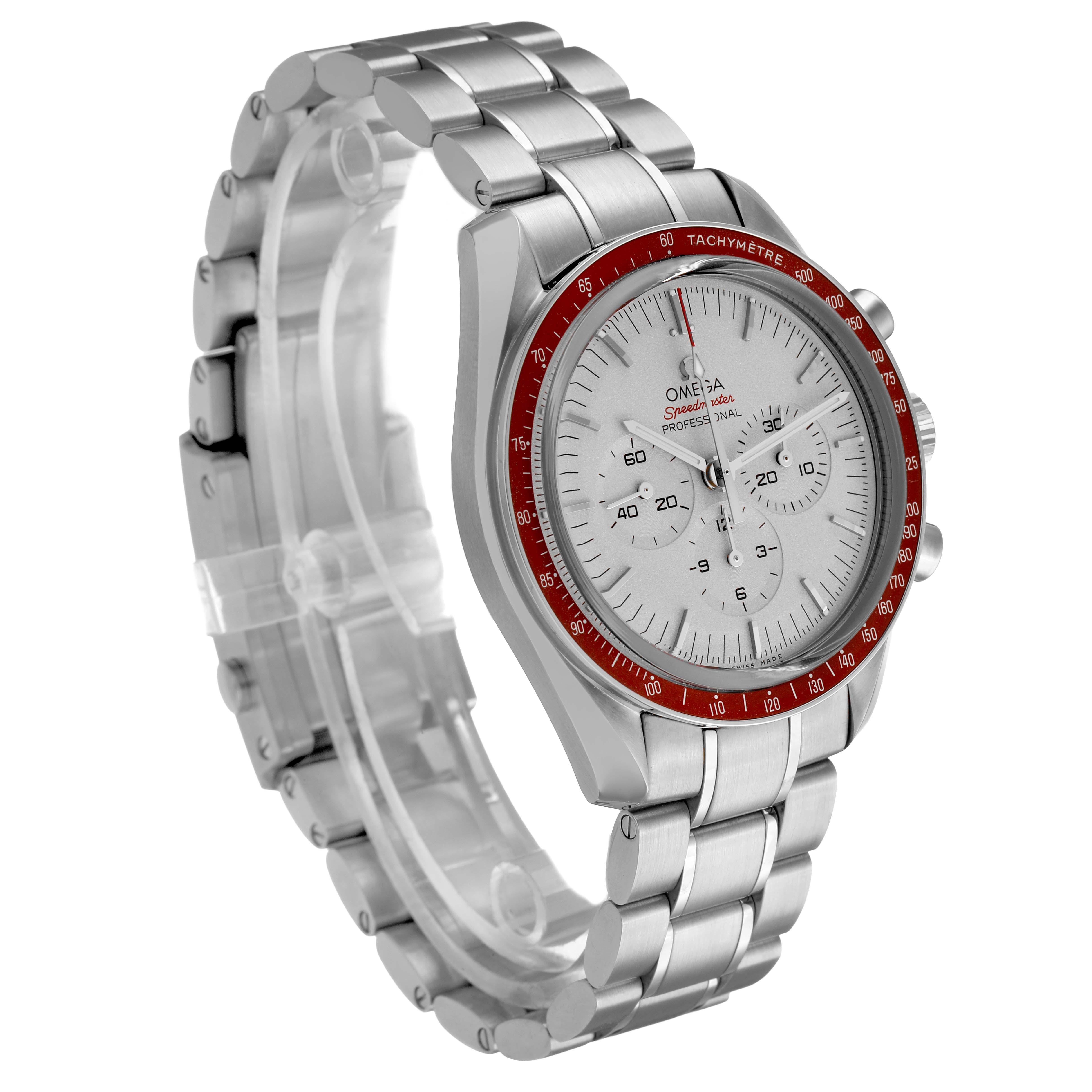 The image shows an Omega Speedmaster 522.30.42.30.06.002 Men's Stainless Steel Silver Dial watch at an oblique angle, displaying the bracelet, dial, and bezel.