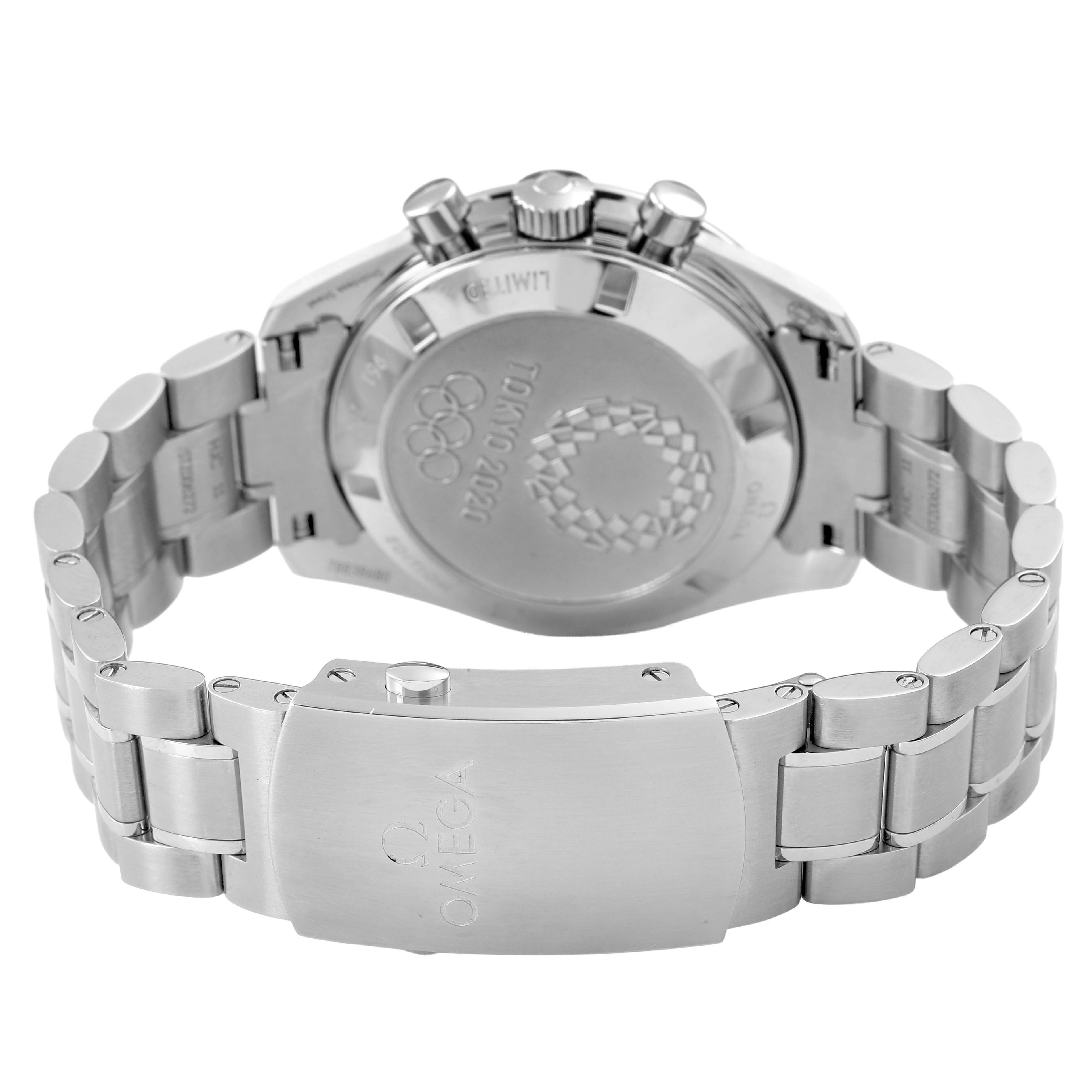 The image shows the Omega Speedmaster 522.30.42.30.06.002 Men's Stainless Steel Silver Dial watch from the back, highlighting the clasp, bracelet, and engraved case back.