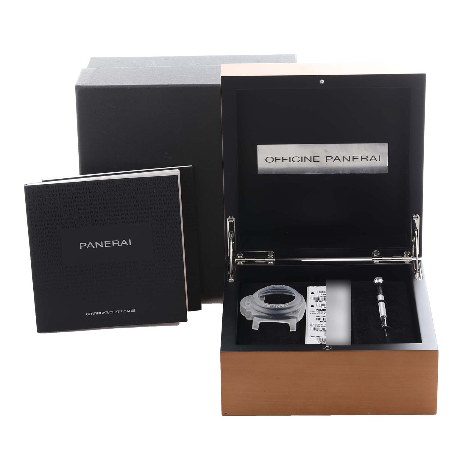The image shows a Panerai Luminor PAM00423 Men's Stainless Steel Black Dial PAM00423 Men's Stainless Steel Black Dial watch box with accessories, including a manual, case, and tool, viewed from the front.