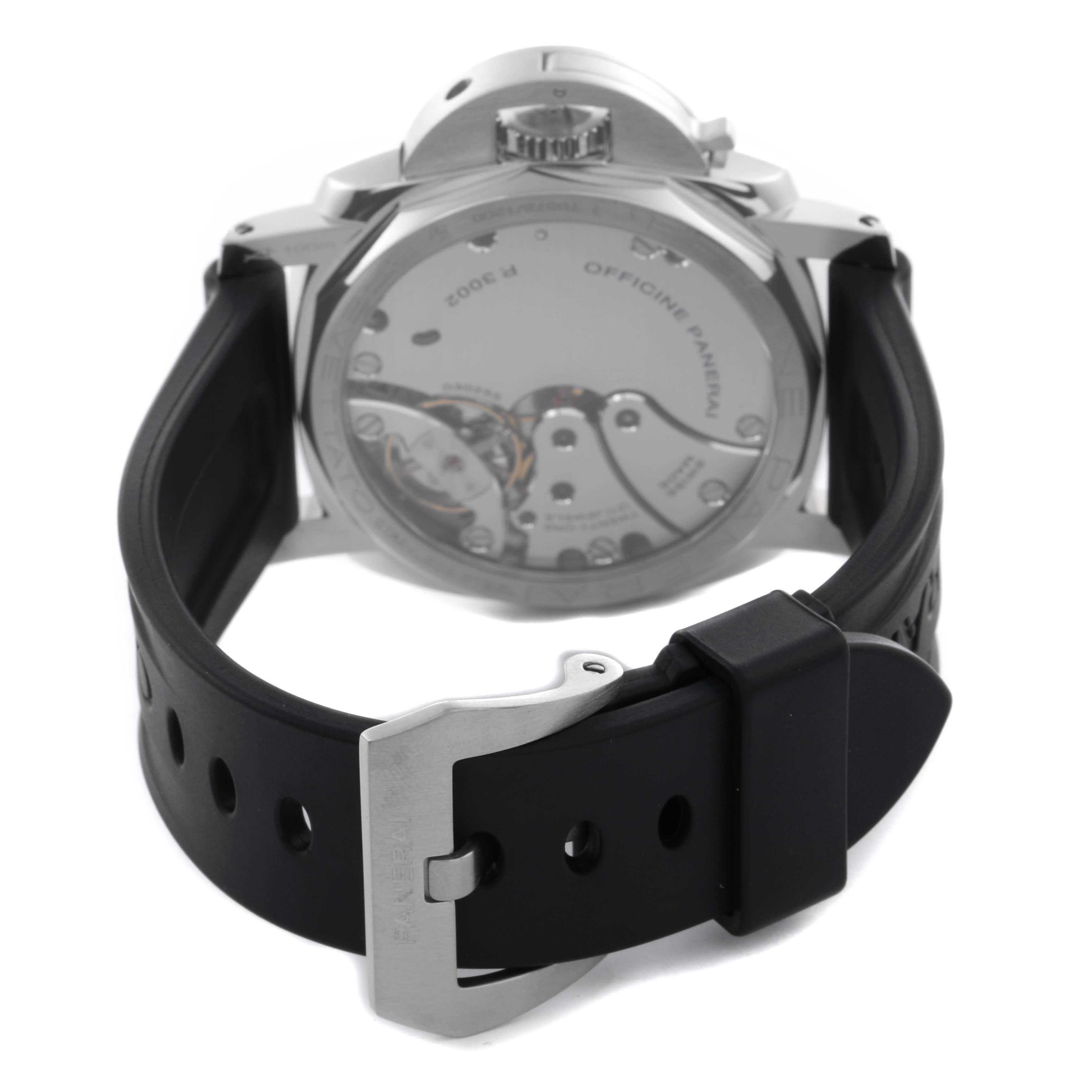 The image shows the back view of a Panerai Luminor PAM00423 Men's Stainless Steel Black Dial PAM00423 Men's Stainless Steel Black Dial watch, highlighting the movement and rubber strap with a buckle.