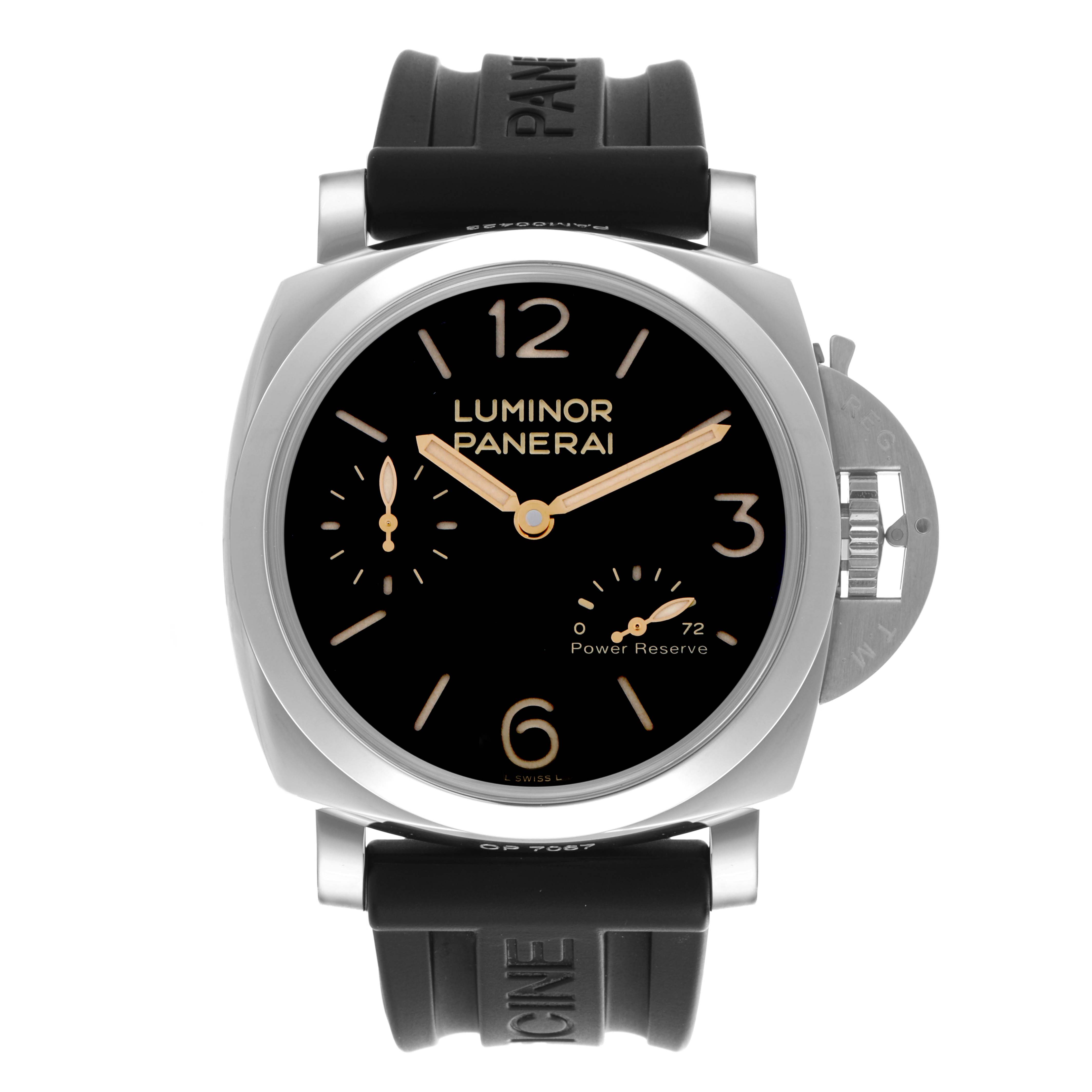 The Panerai Luminor PAM00423 Men's Stainless Steel Black Dial PAM00423 Men's Stainless Steel Black Dial watch is shown from the front, displaying the dial, hands, crown guard, and rubber strap.