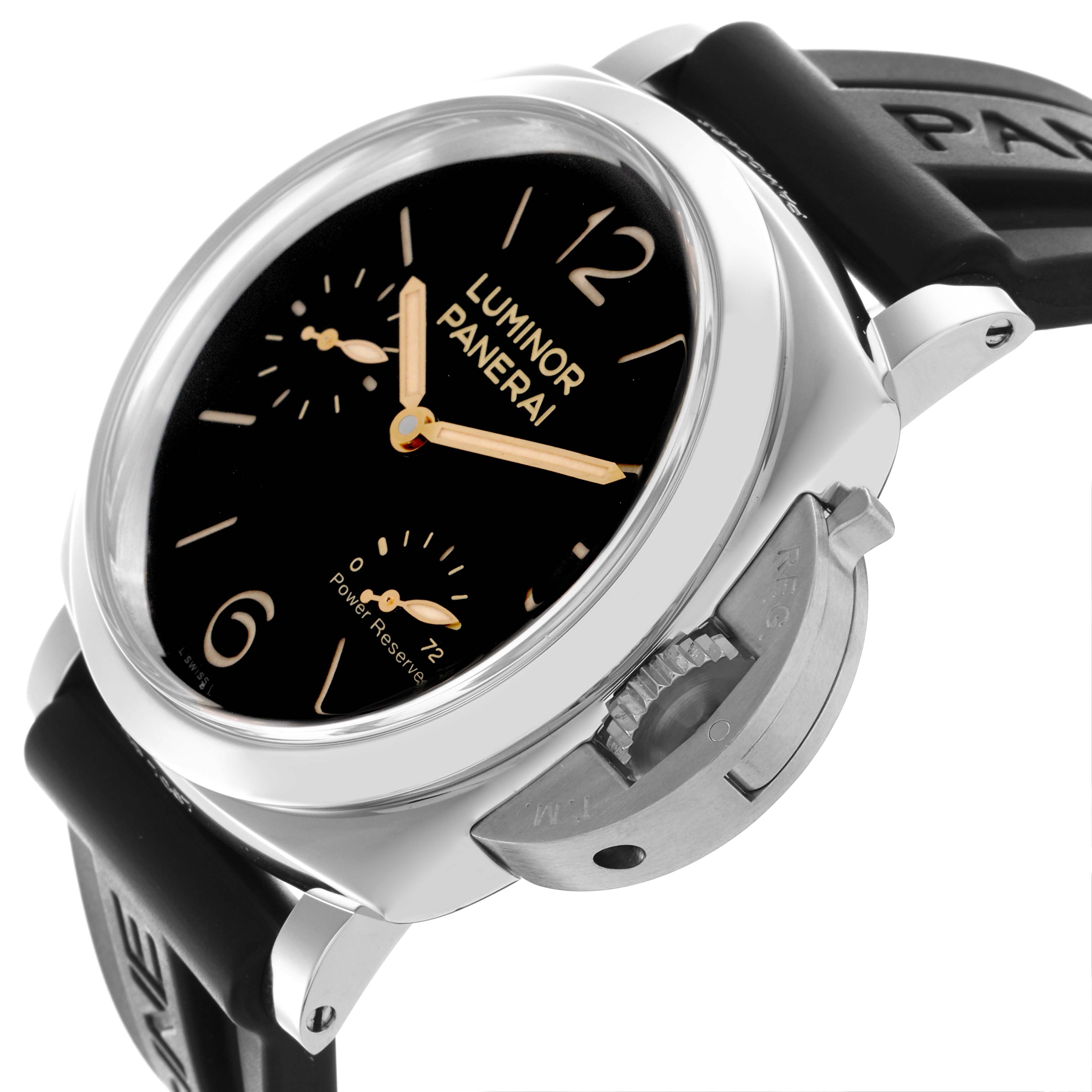 The Panerai Luminor PAM00423 Men's Stainless Steel Black Dial PAM00423 Men's Stainless Steel Black Dial watch is shown at a three-quarter angle, highlighting the dial, crown guard, and strap.