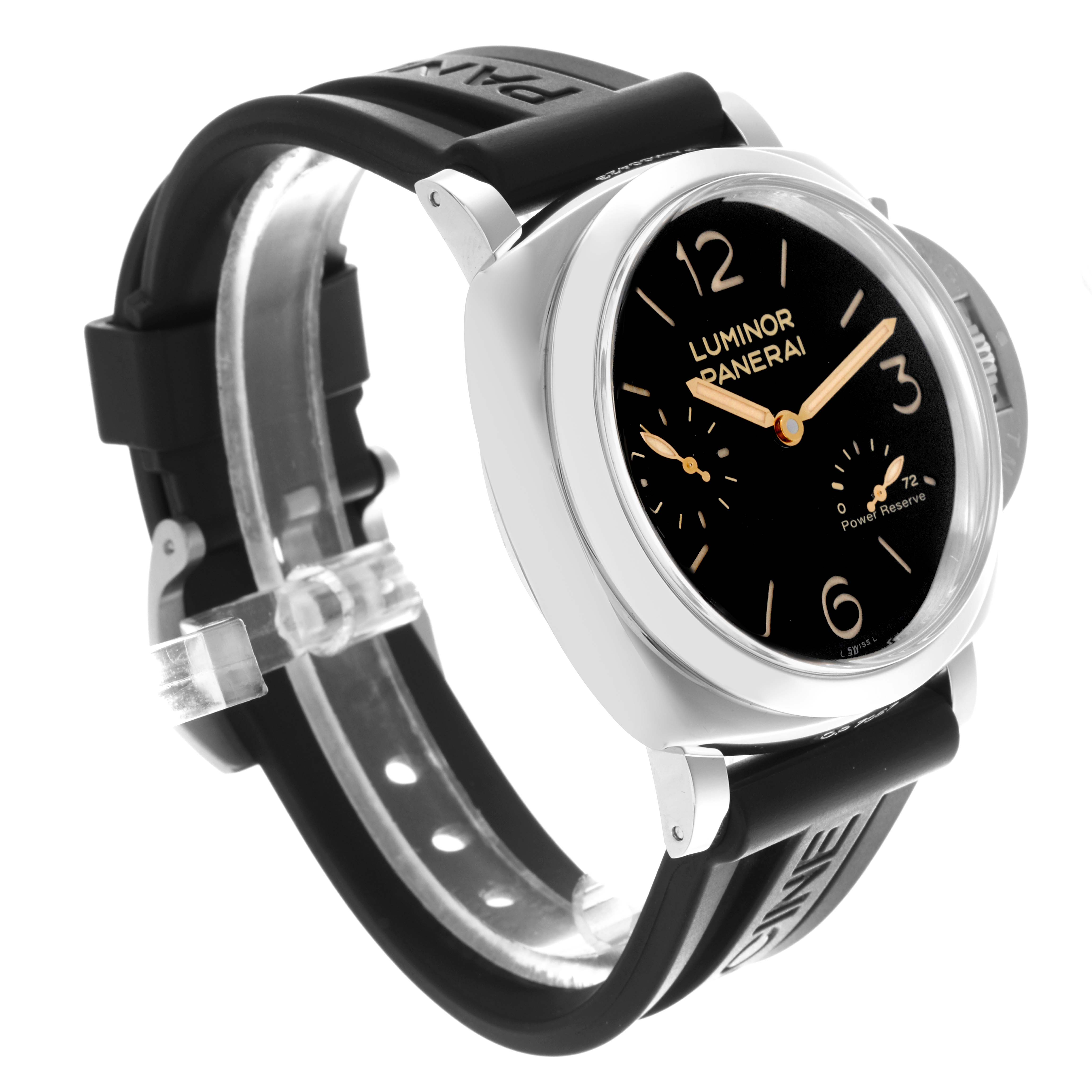The image shows a Panerai Luminor PAM00423 Men's Stainless Steel Black Dial PAM00423 Men's Stainless Steel Black Dial watch at a three-quarter angle, highlighting the face, crown, case, and black strap.