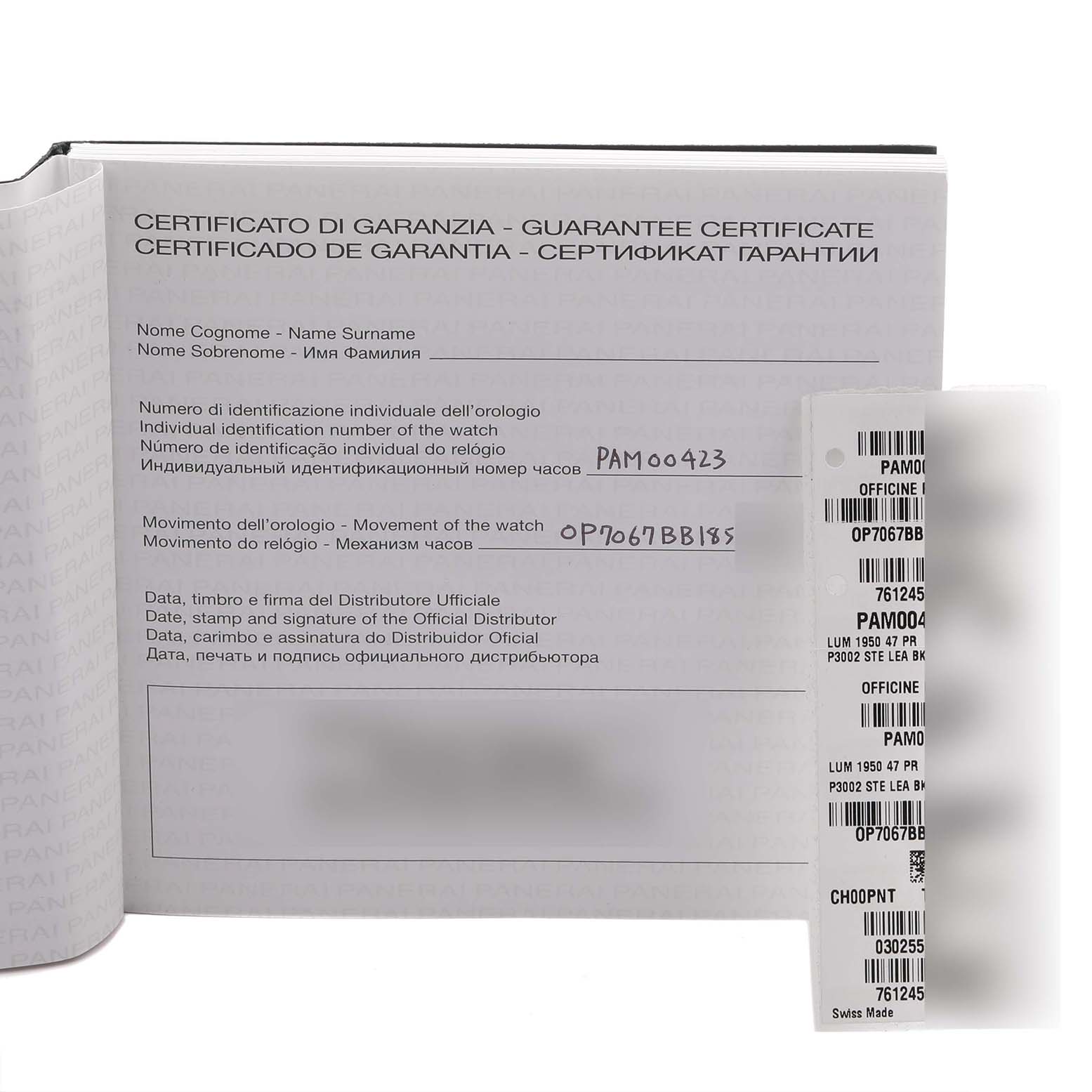 The image shows the guarantee certificate and a tag for a Panerai Luminor PAM00423 Men's Stainless Steel Black Dial PAM00423 Men's Stainless Steel Black Dial model watch.