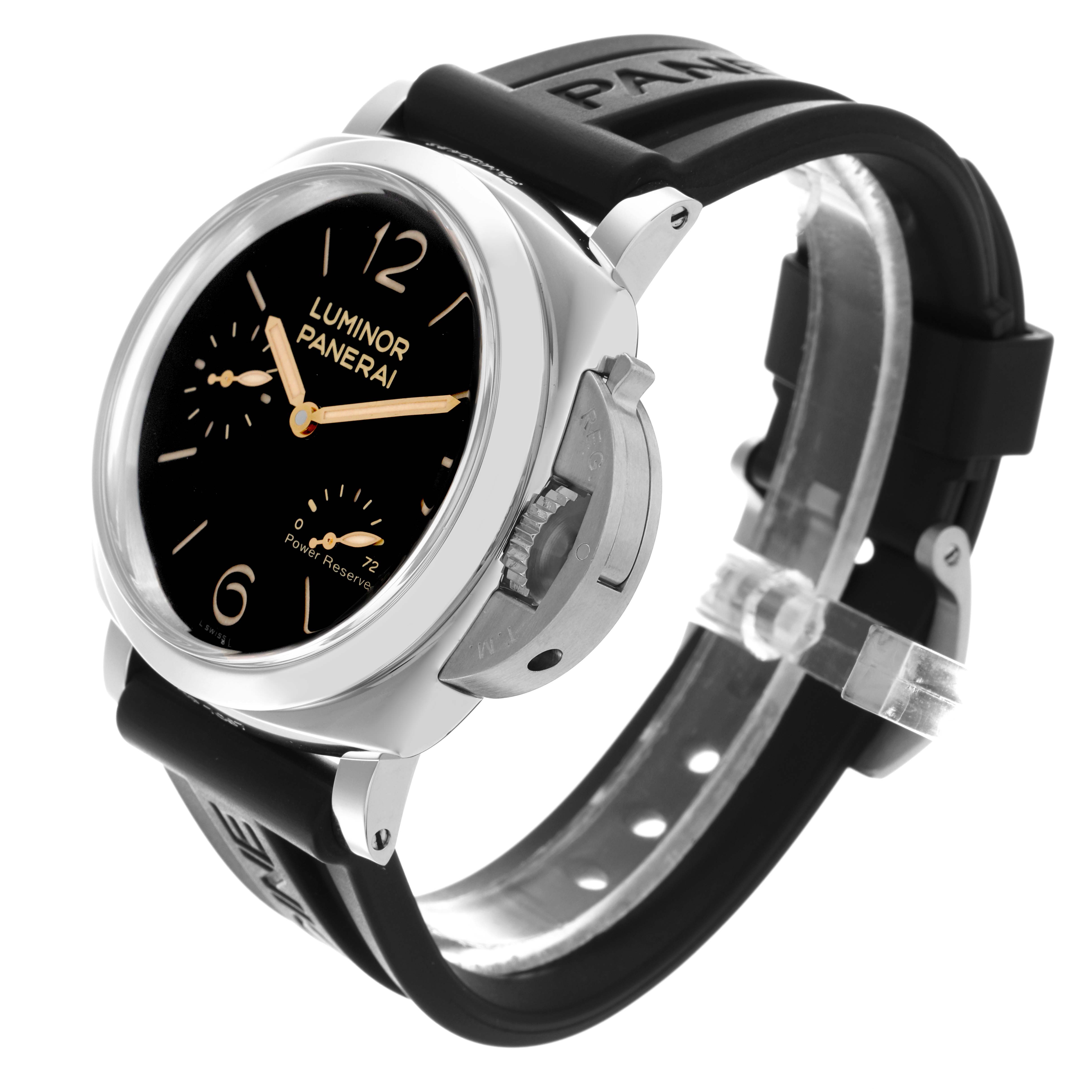 The Panerai Luminor PAM00423 Men's Stainless Steel Black Dial PAM00423 Men's Stainless Steel Black Dial watch is shown at an angled side view, highlighting the dial, case, crown guard, and rubber strap.