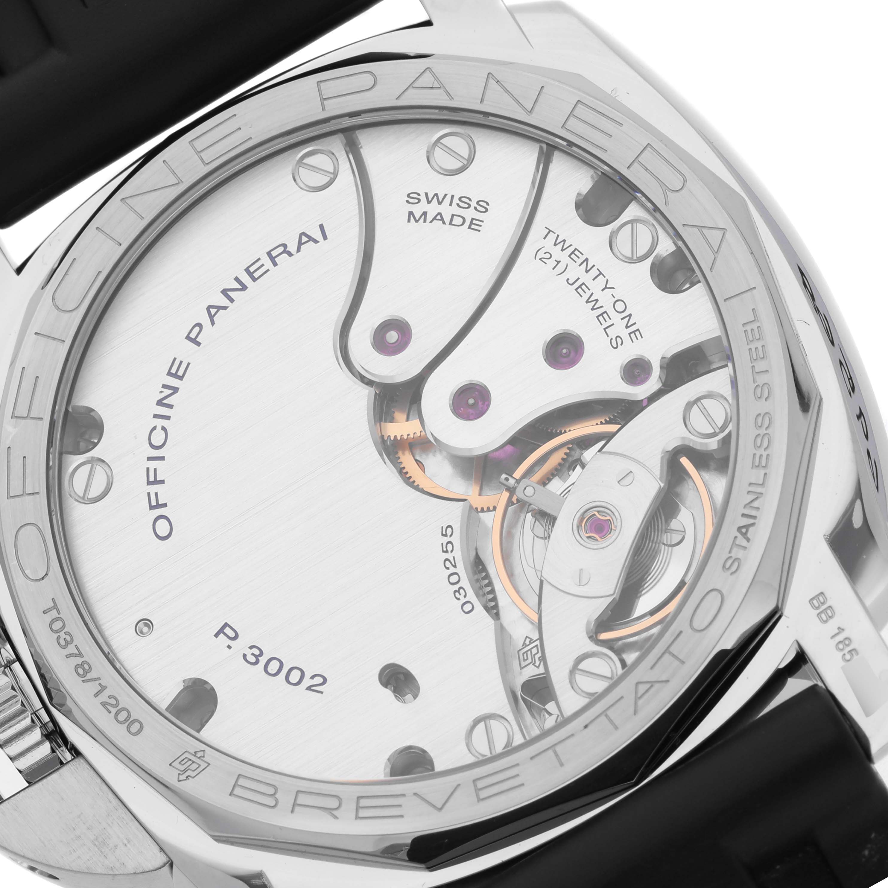 The image shows the back view of a Panerai Luminor PAM00423 Men's Stainless Steel Black Dial PAM00423 Men's Stainless Steel Black Dial watch, highlighting the movement and parts like jewels and wheel mechanisms.