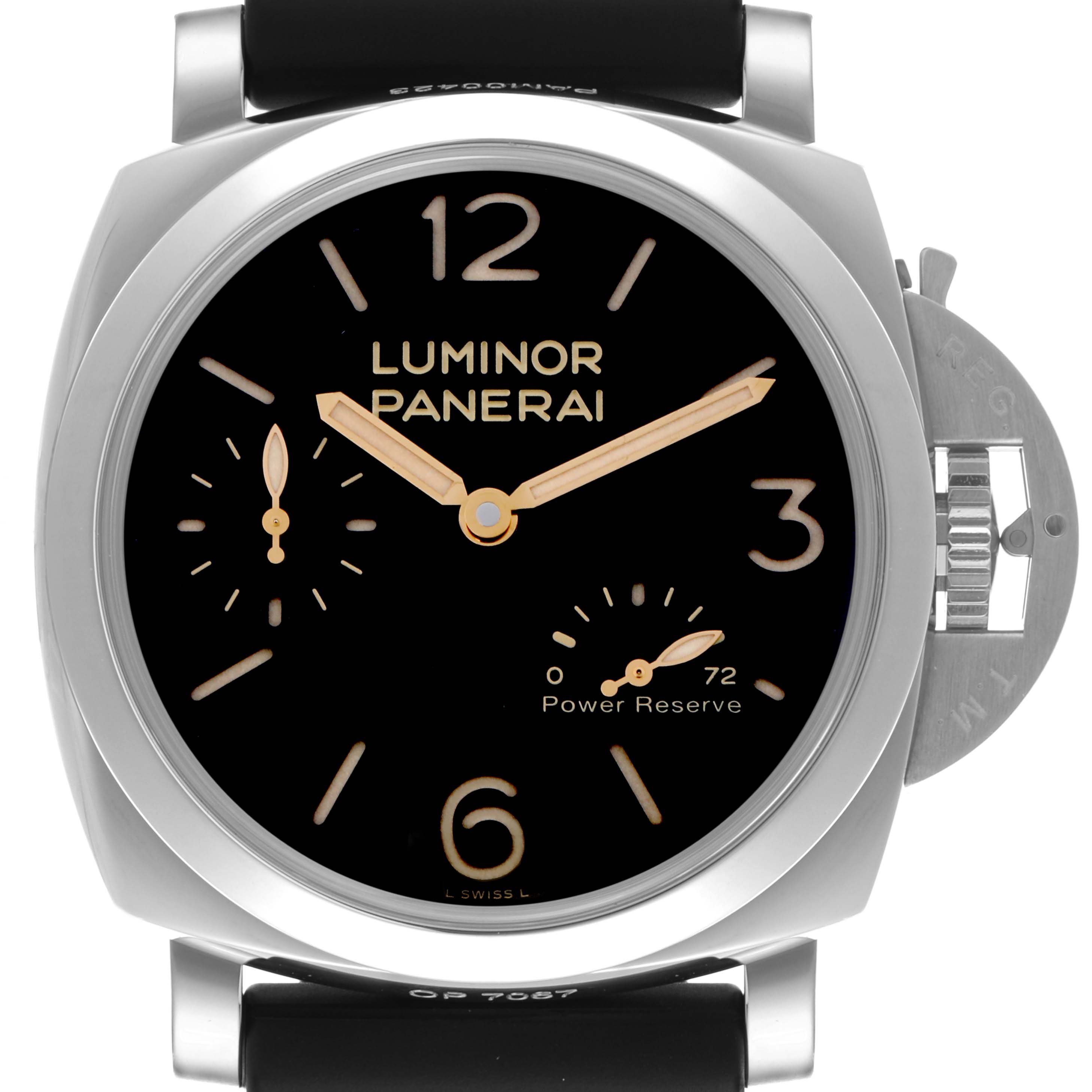 The image shows a front view of a Panerai Luminor PAM00423 Men's Stainless Steel Black Dial PAM00423 Men's Stainless Steel Black Dial watch, displaying its face, crown guard, and strap attachment.