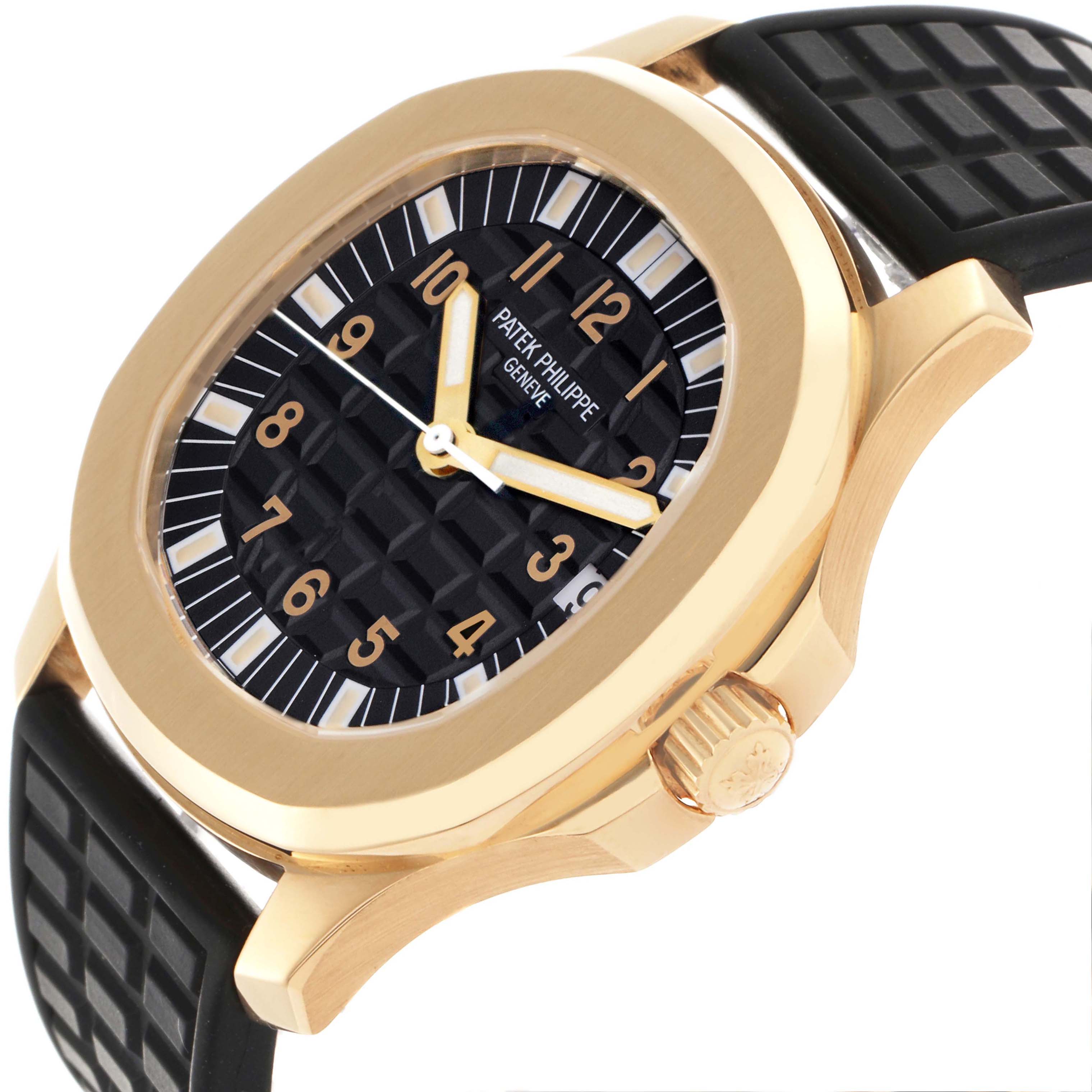 The Patek Philippe Aquanaut 5065J Men's Yellow Gold Black Dial 5065J Men's Yellow Gold Black Dial is shown at a three-quarter angle, displaying the dial, bezel, case, crown, and part of the strap.