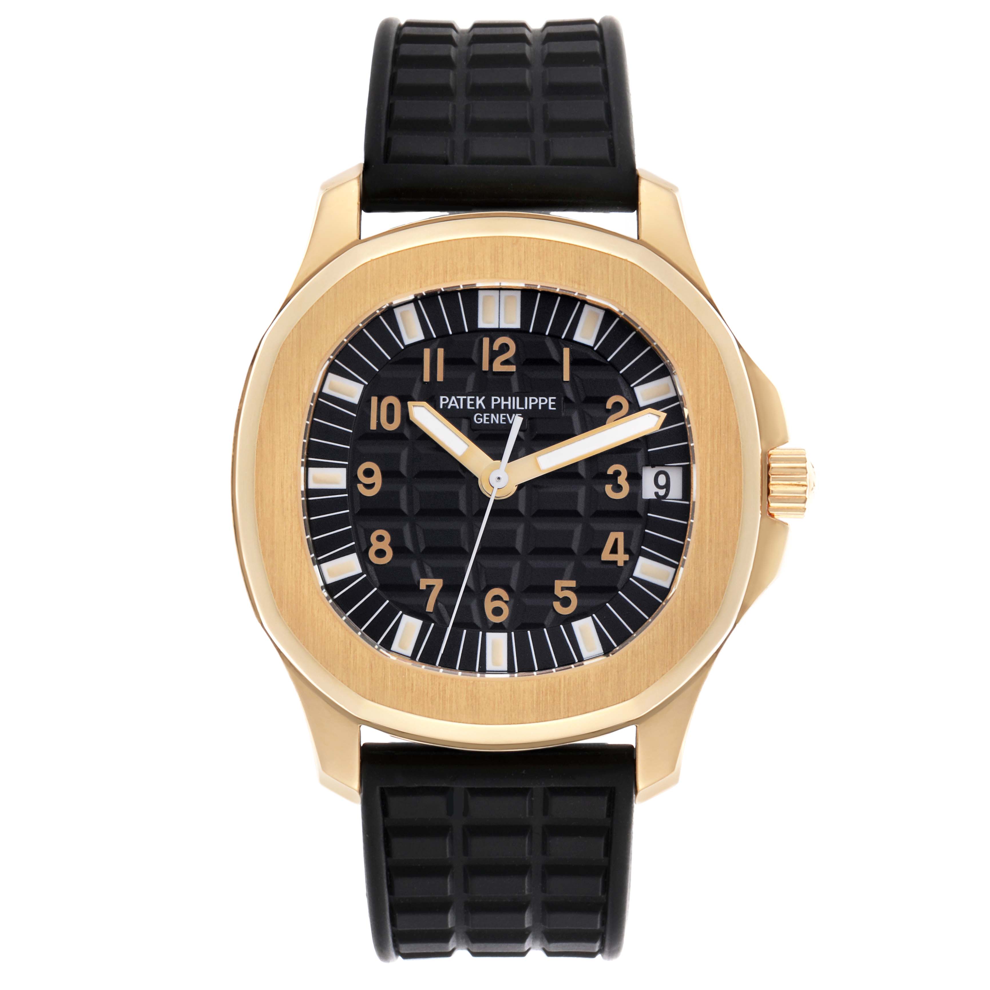 The Patek Philippe Aquanaut 5065J Men's Yellow Gold Black Dial 5065J Men's Yellow Gold Black Dial watch is shown from the front, displaying the dial, bezel, case, and strap.