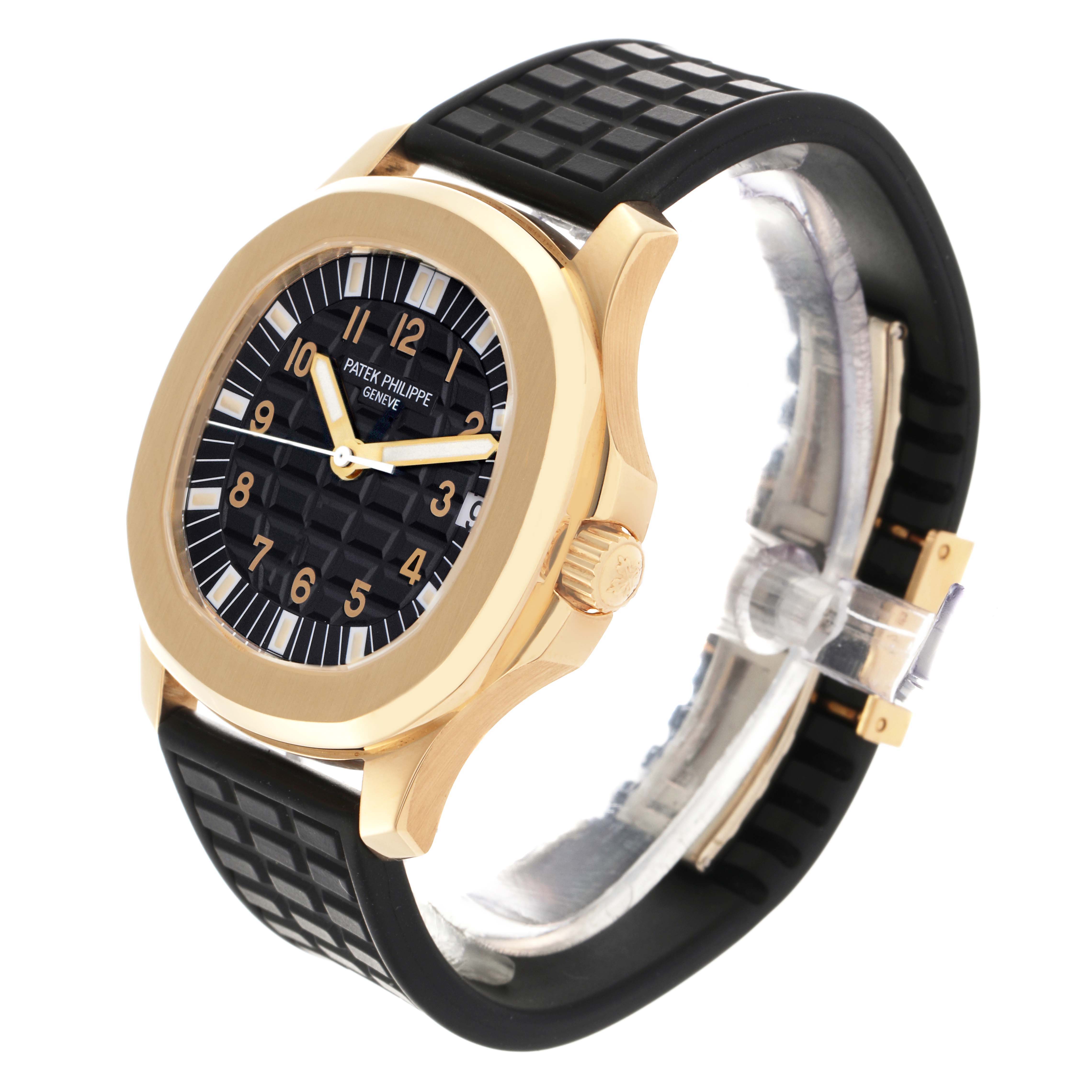 The image shows a Patek Philippe Aquanaut 5065J Men's Yellow Gold Black Dial 5065J Men's Yellow Gold Black Dial watch at a three-quarter angle, highlighting the dial, bezel, crown, and strap.