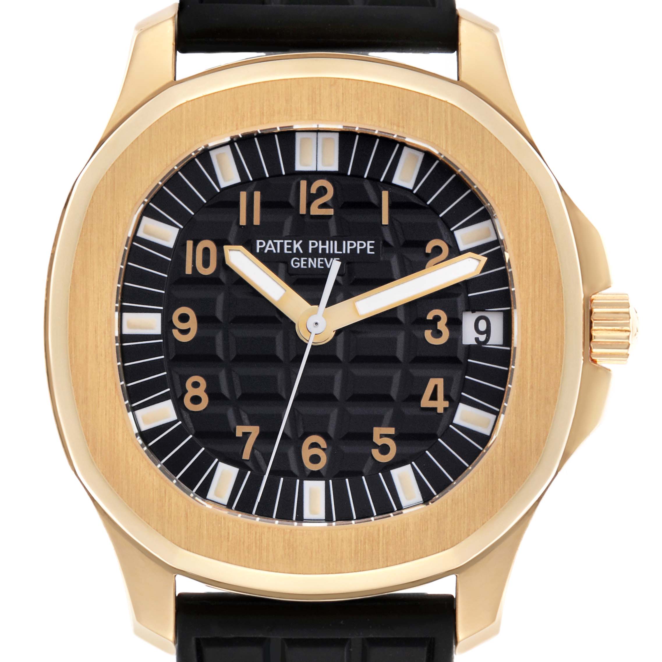The Patek Philippe Aquanaut 5065J Men's Yellow Gold Black Dial 5065J Men's Yellow Gold Black Dial watch is shown from the front, highlighting the dial, gold case, crown, and strap.