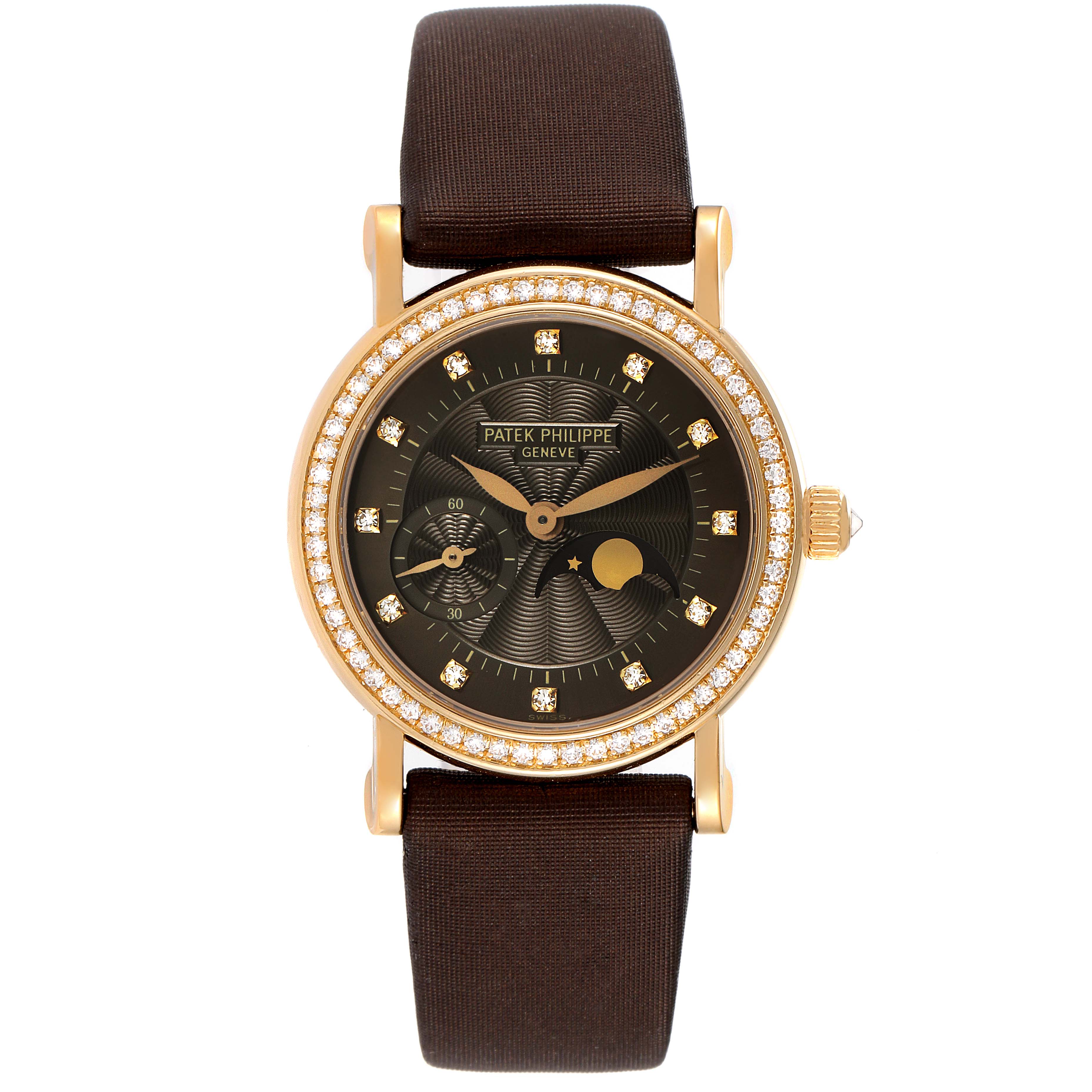 This image shows a front view of the Patek Philippe Calatrava 4858J-010 Women's Yellow Gold Brown Dial 4858J-010 Women's Yellow Gold Brown Dial watch, displaying the dial, bezel, and strap.