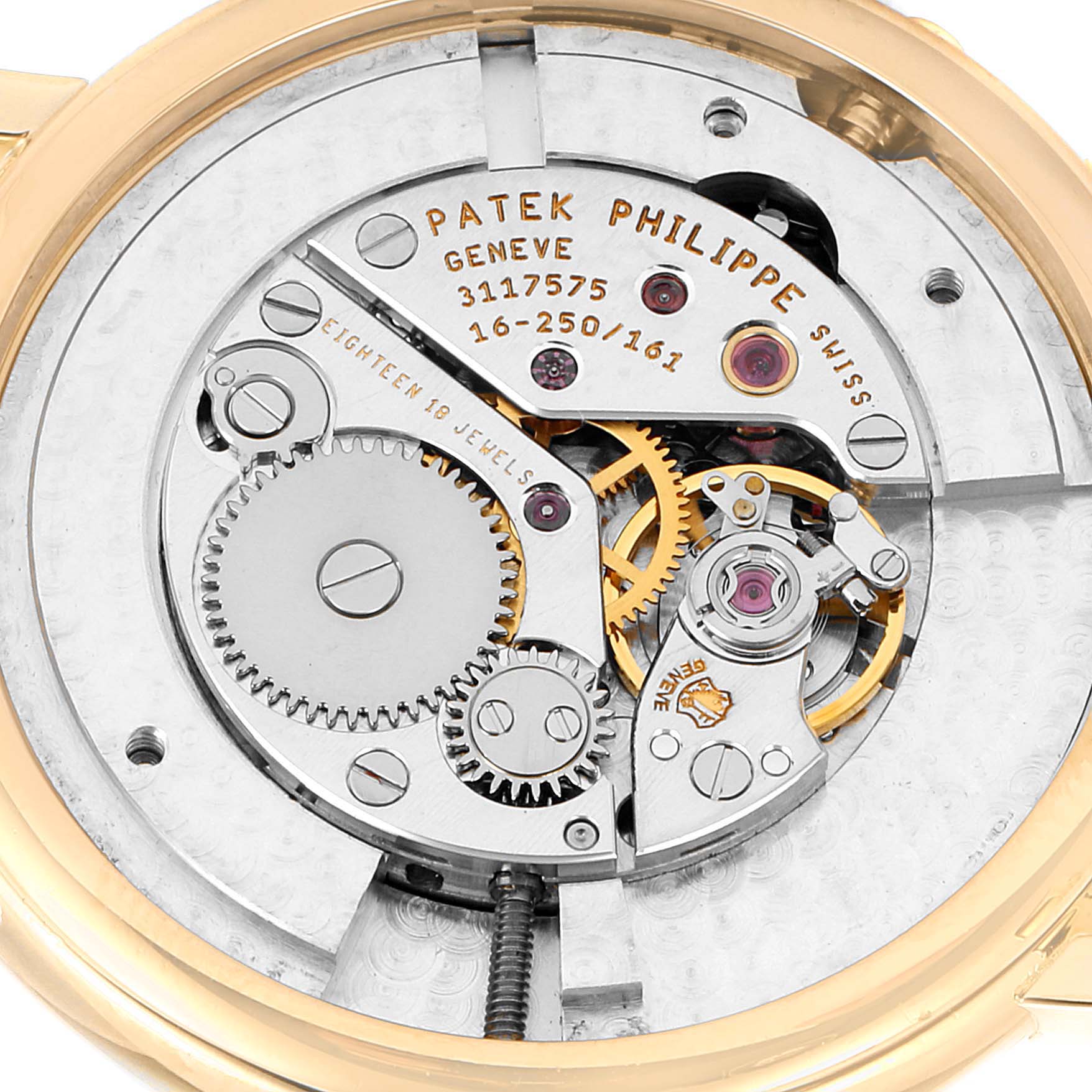 The image shows the movement mechanism of a Patek Philippe Calatrava 4858J-010 Women's Yellow Gold Brown Dial 4858J-010 Women's Yellow Gold Brown Dial watch from the back.