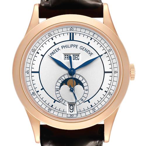 The Patek Philippe Complications 5396R-001 Men's Rose Gold Silver Dial watch is shown from a front angle, displaying the dial, hands, and moon phase indicator.