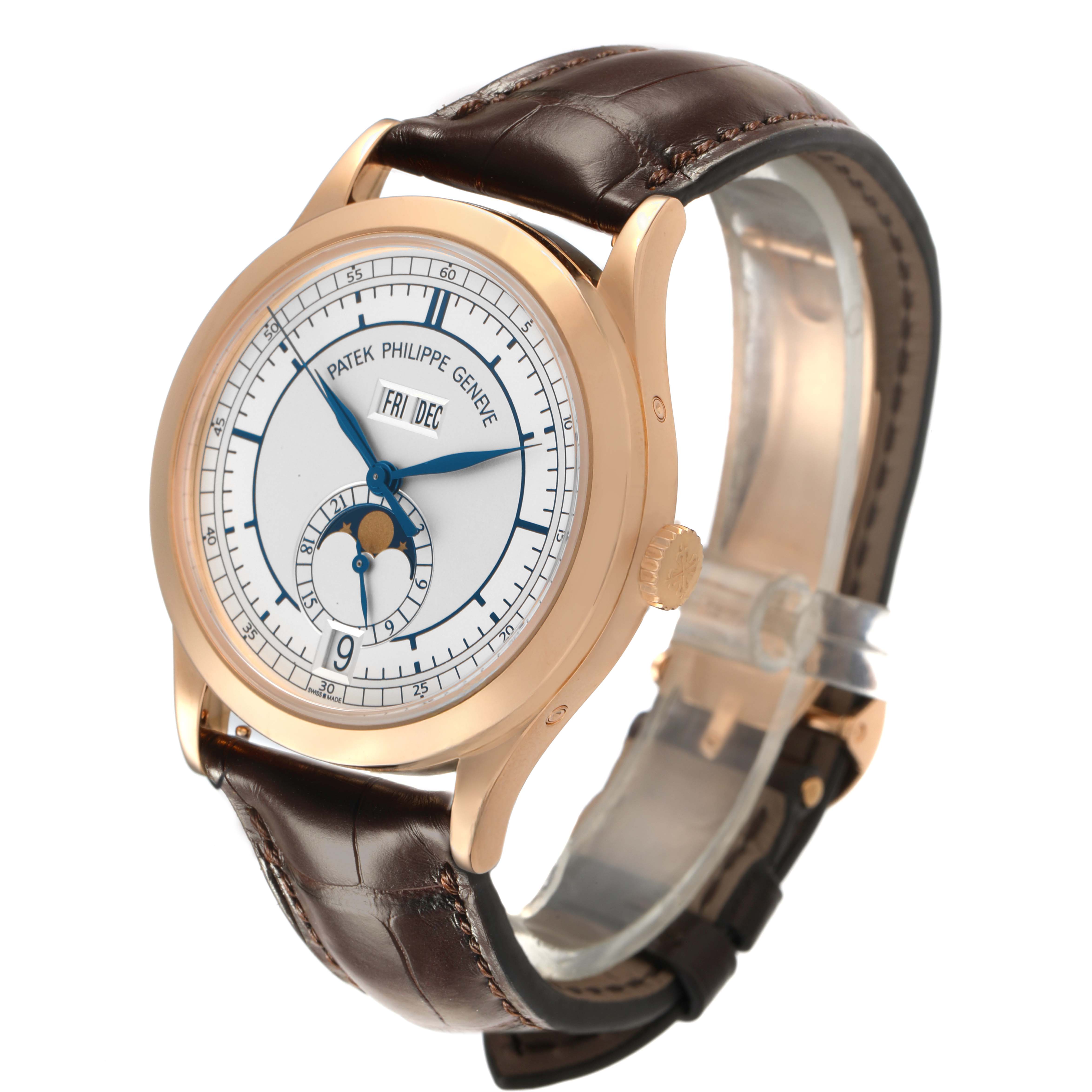 The Patek Philippe Complications 5396R-001 Men's Rose Gold Silver Dial model is shown at a three-quarter angle, highlighting the face, case, crown, and strap.