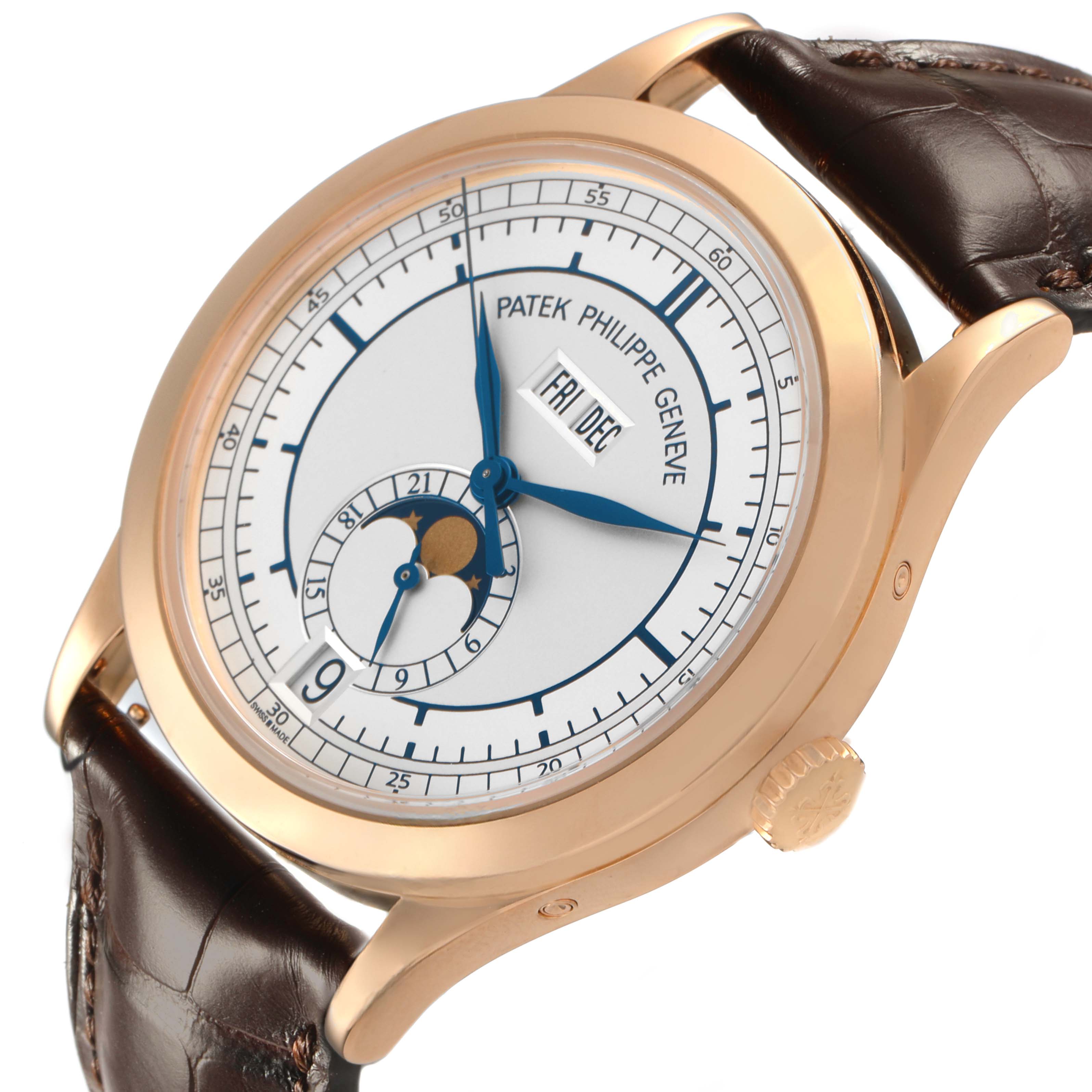 The Patek Philippe Complications 5396R-001 Men's Rose Gold Silver Dial watch is shown at an angle displaying the face, bezel, crown, and part of the leather strap.