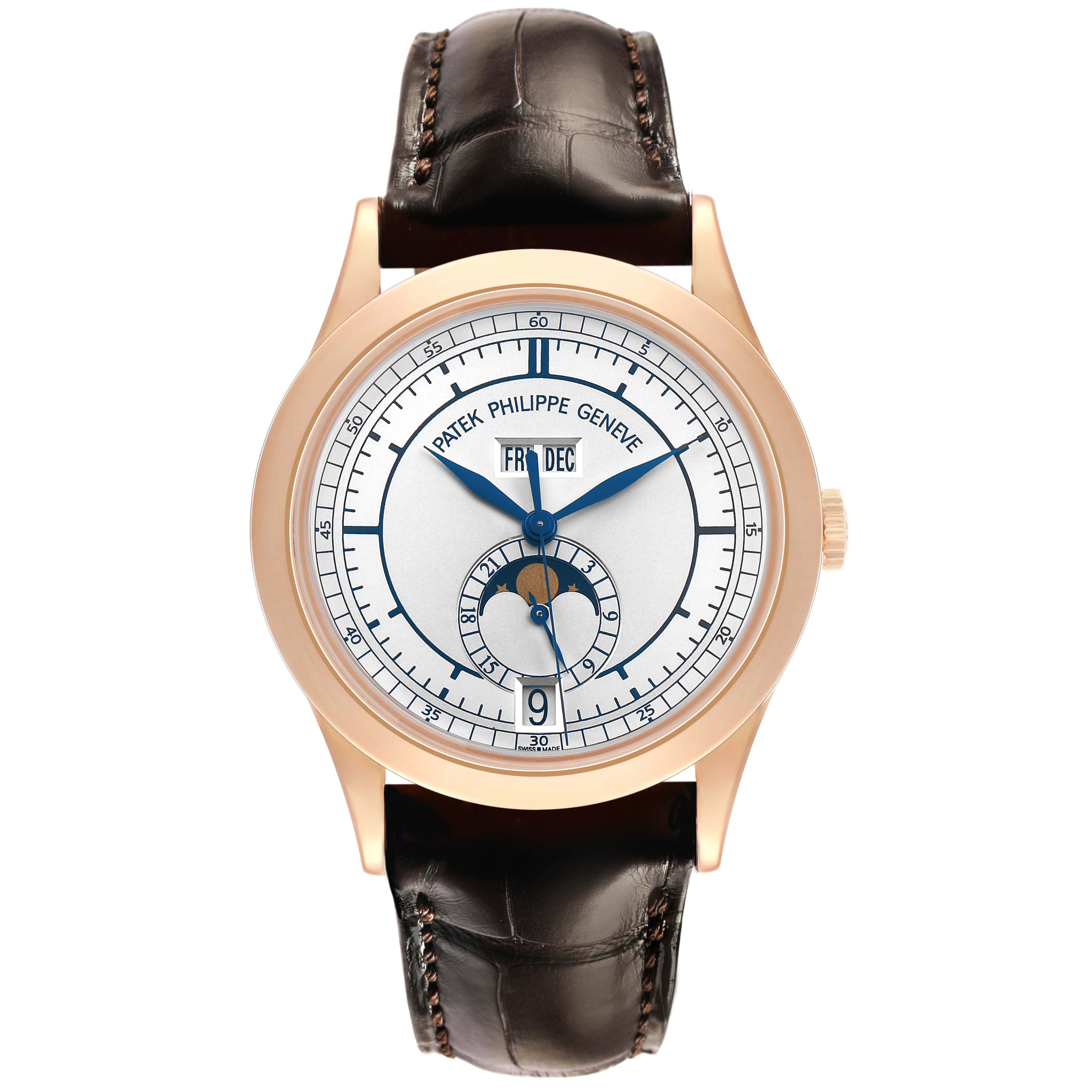 The Patek Philippe Complications 5396R-001 Men's Rose Gold Silver Dial watch is shown from the front, featuring the dial, hands, and leather strap.