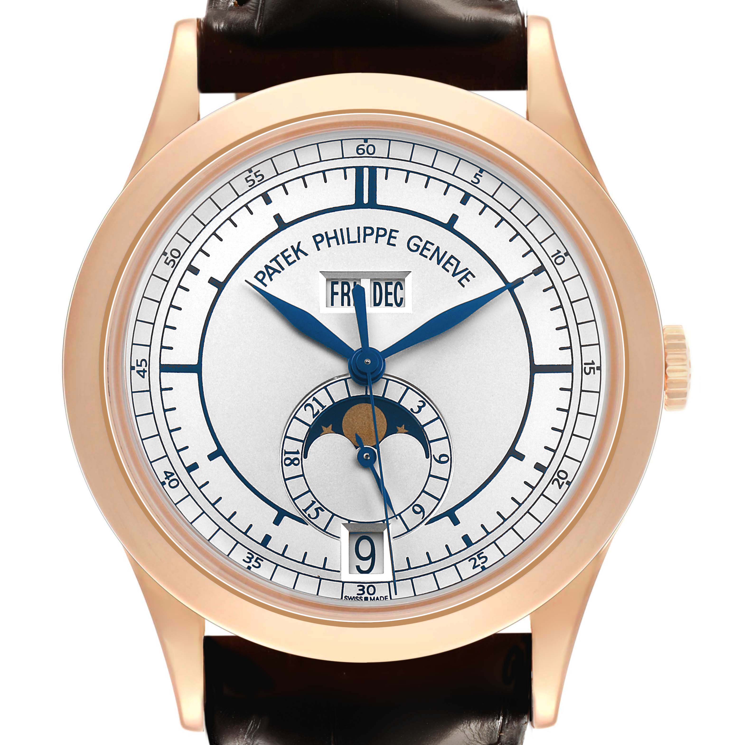 The Patek Philippe Complications 5396R-001 Men's Rose Gold Silver Dial watch is shown from the front, highlighting the dial, hands, moon phase, and date indicators.