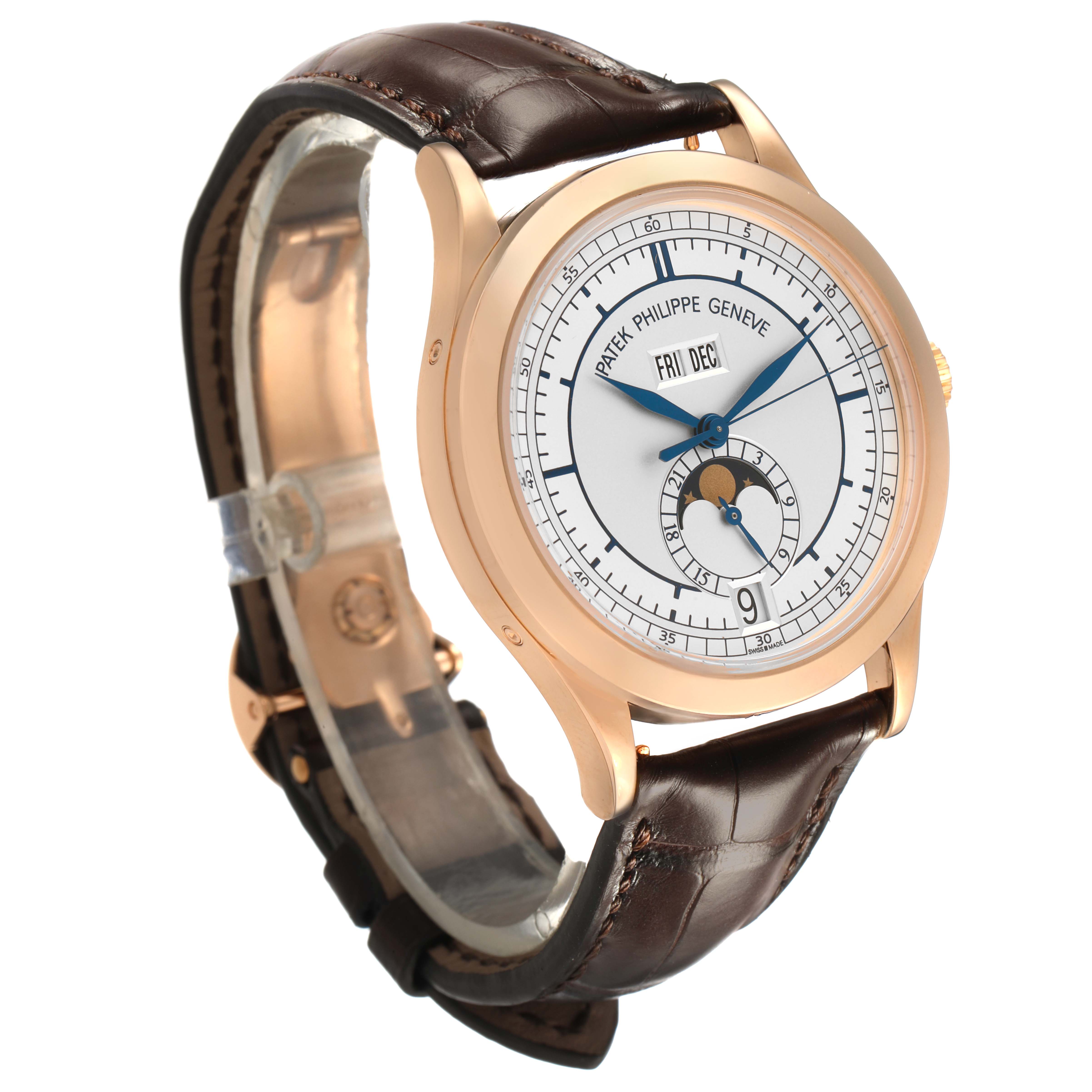 The Patek Philippe Complications 5396R-001 Men's Rose Gold Silver Dial watch is shown at a side angle, highlighting its face, strap, and case.