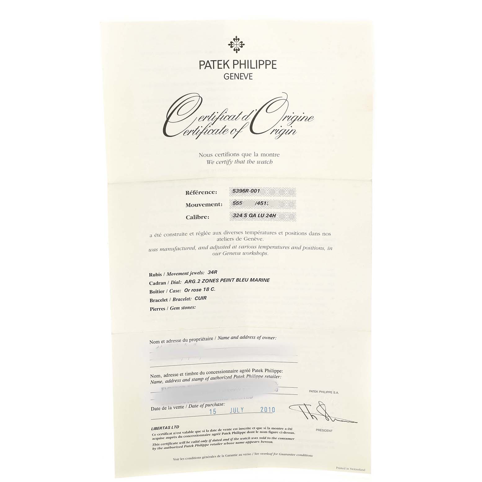 The image shows a certificate for a Patek Philippe Complications 5396R-001 Men's Rose Gold Silver Dial model, detailing reference, movement, and caliber information.