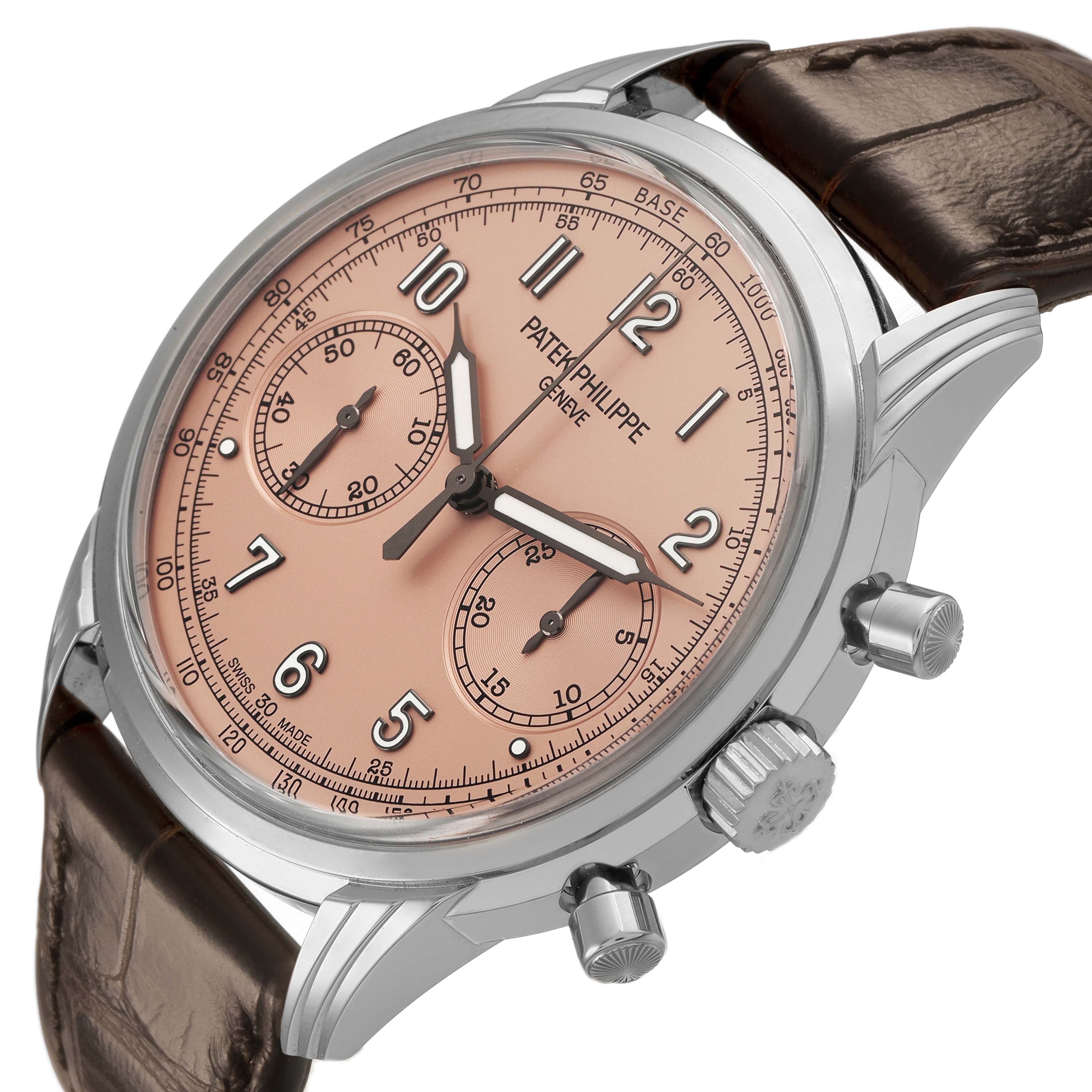 The image shows a Patek Philippe Complications 5172G-001 Men's White Gold Pink Dial watch at an angled view, highlighting the dial, subdials, crown, and pushers.