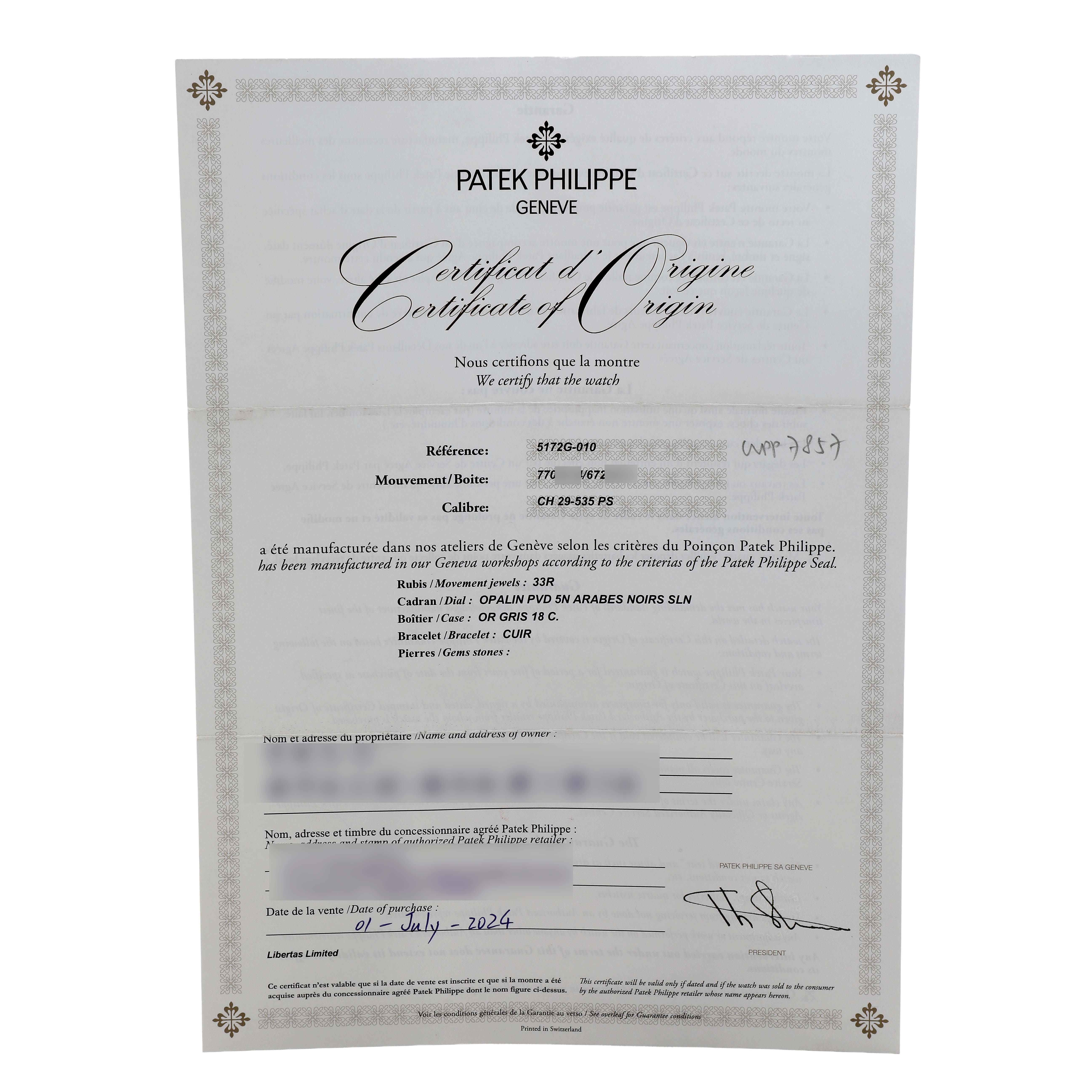 The image shows a Patek Philippe Complications 5172G-001 Men's White Gold Pink Dial model certificate at a straight-on angle.