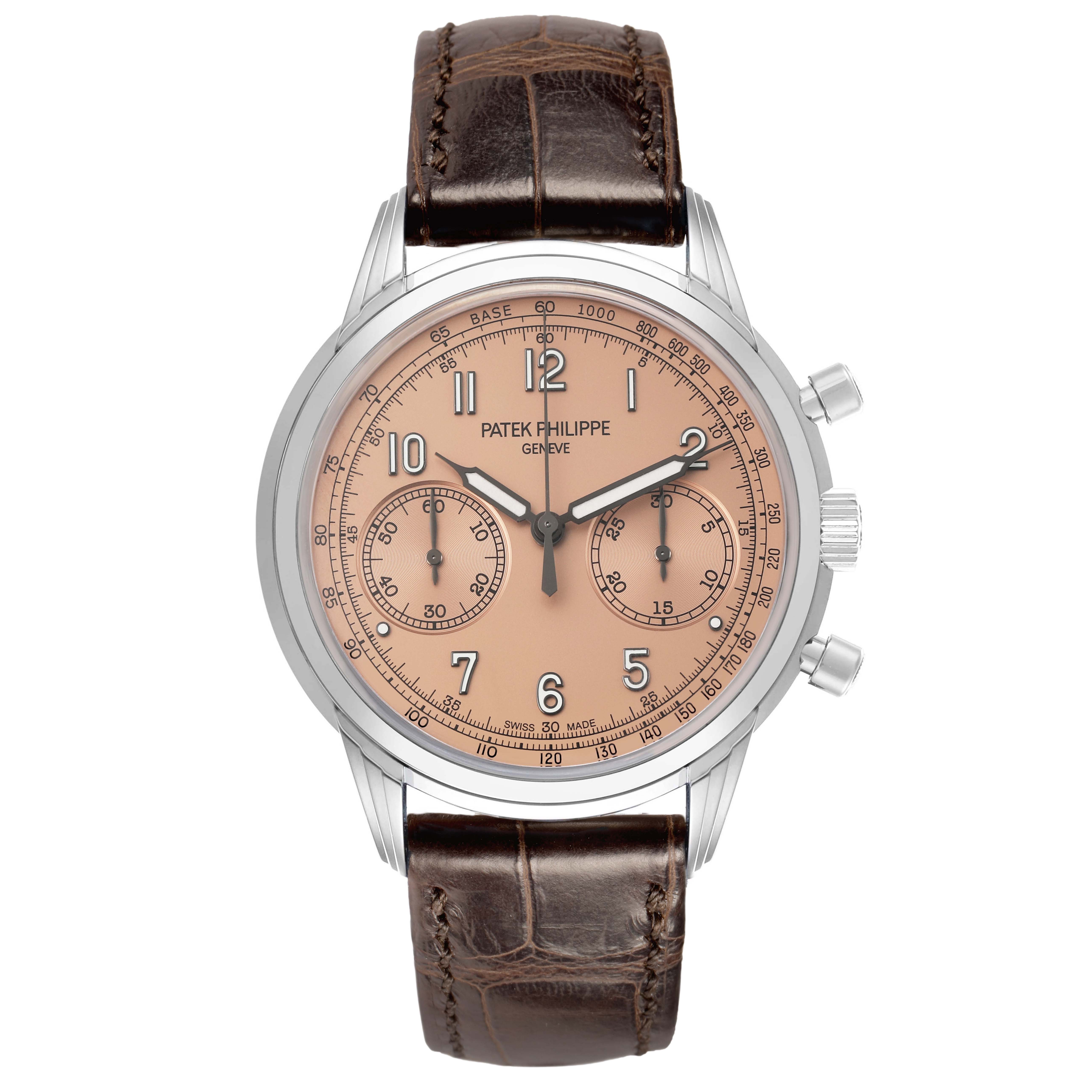 The Patek Philippe Complications 5172G-001 Men's White Gold Pink Dial model is shown from a front angle, highlighting the dial, case, and leather strap.