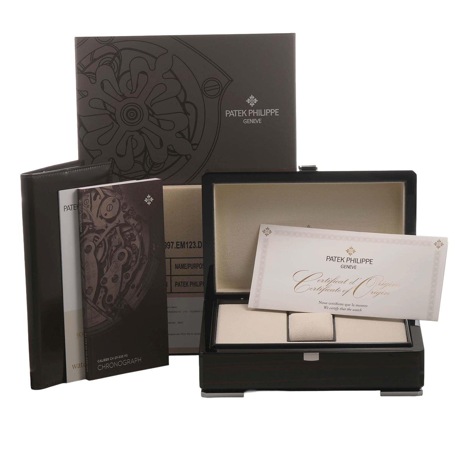 The image shows a Patek Philippe Complications 5172G-010 Mens White Gold Pink Dial box set, including the presentation box, manuals, and certificate.