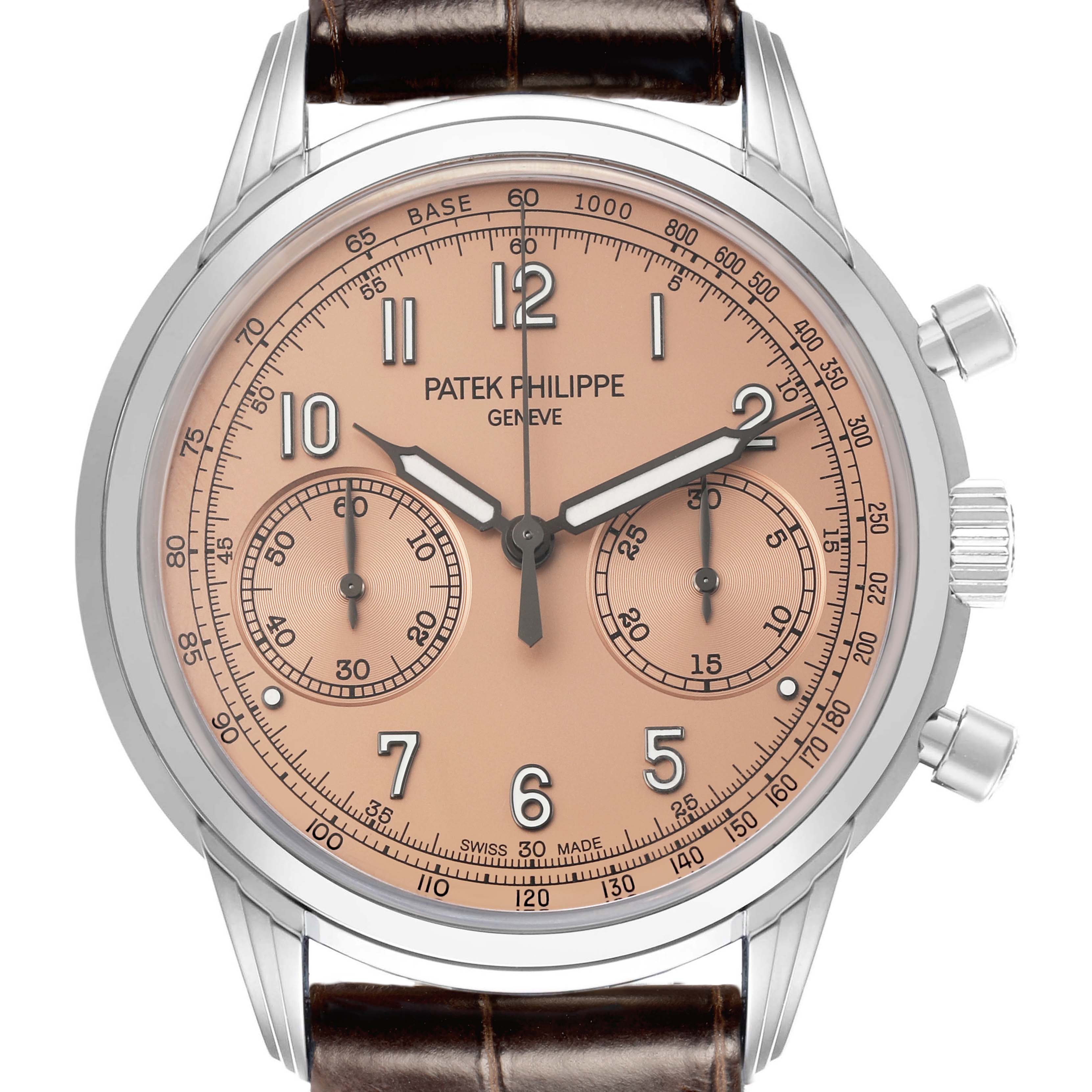 The image shows a frontal view of the Patek Philippe Complications 5172G-001 Men's White Gold Pink Dial watch, highlighting its dial, subdials, and crown.